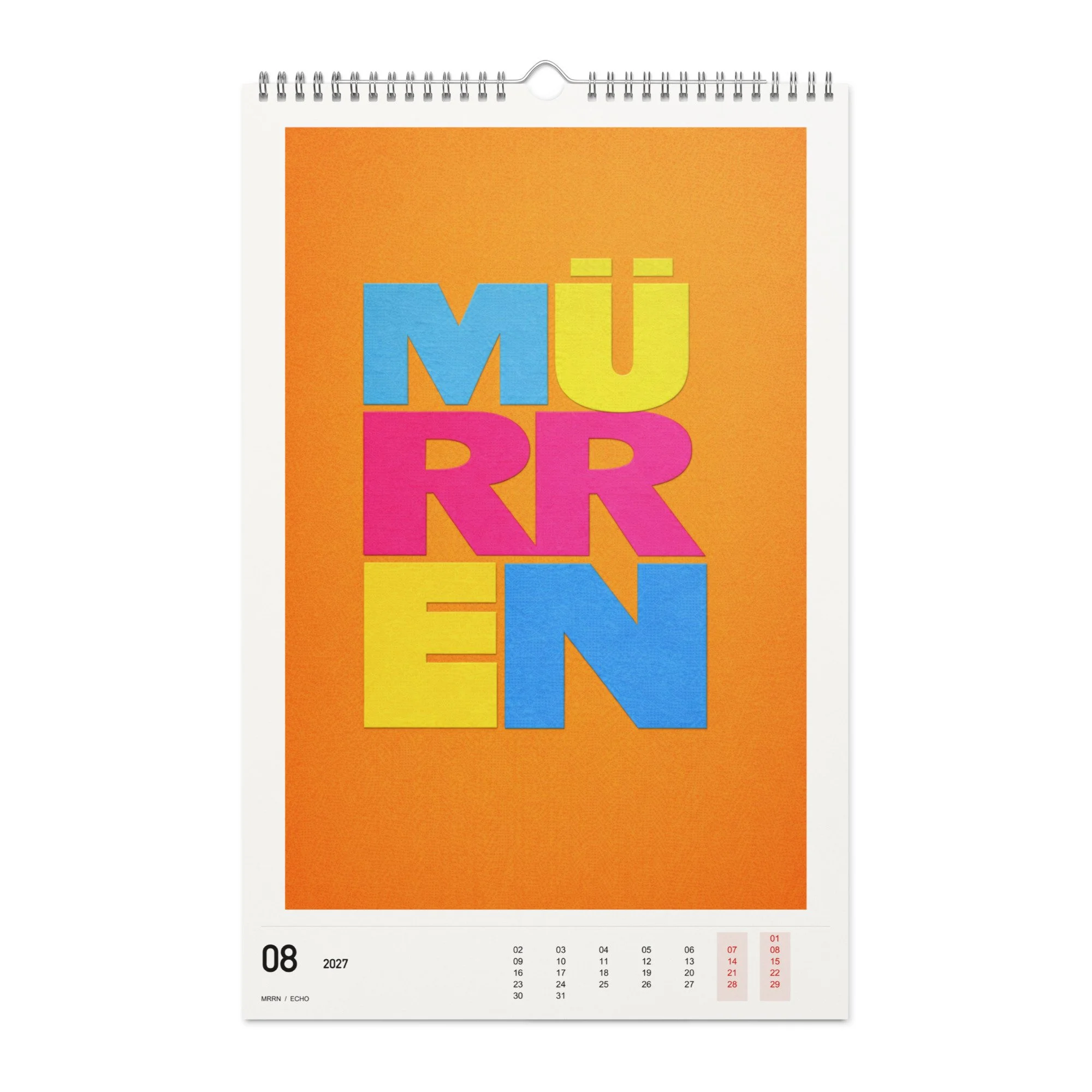ECHO Kalender 2027, Monat 08: Mehrfarbig auf Orange. / Month 08, numeric 2027 calendar.
