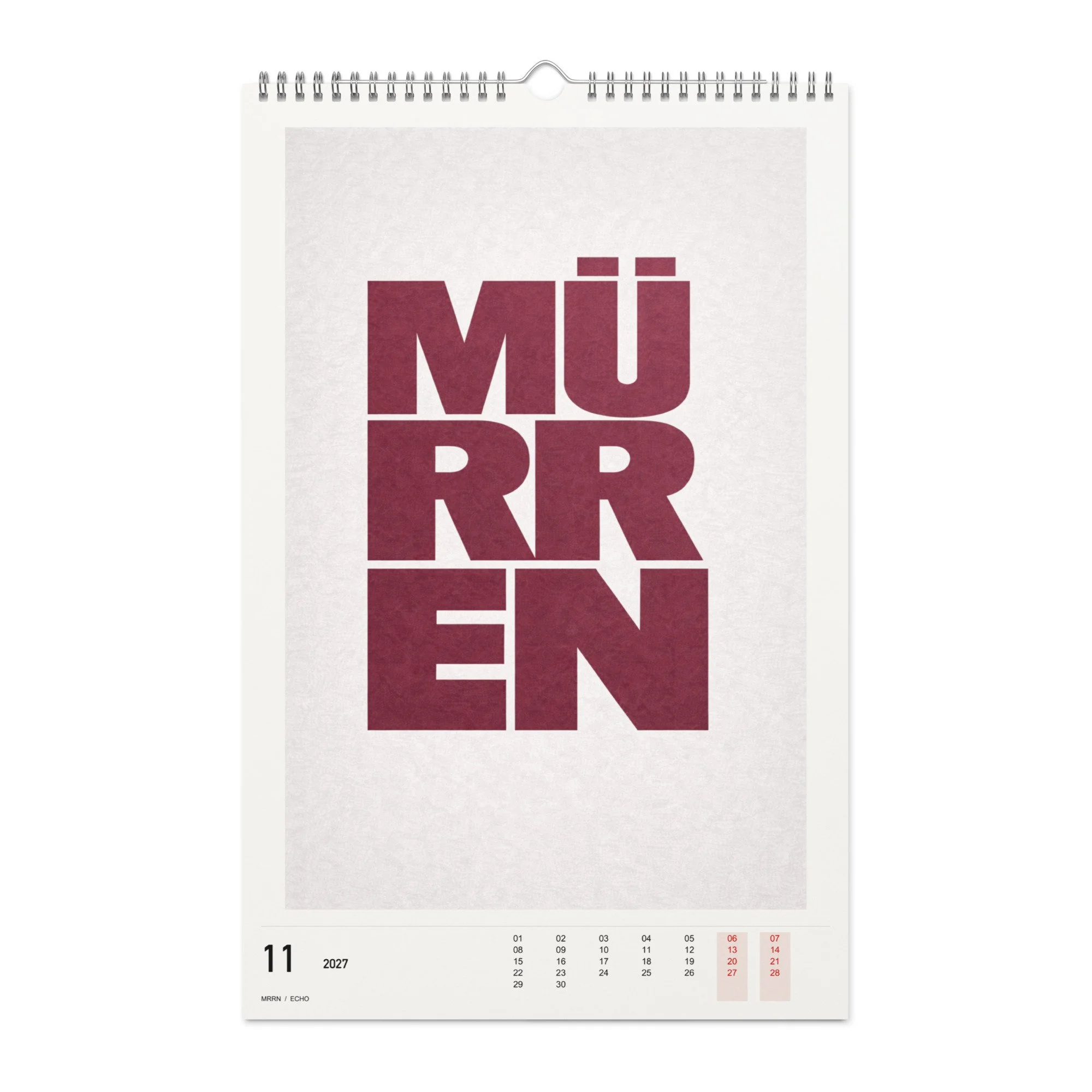 ECHO Kalender 2027, Monat 11: Bordeaux auf hellem Grund. / Month 11, numeric 2027 calendar.
