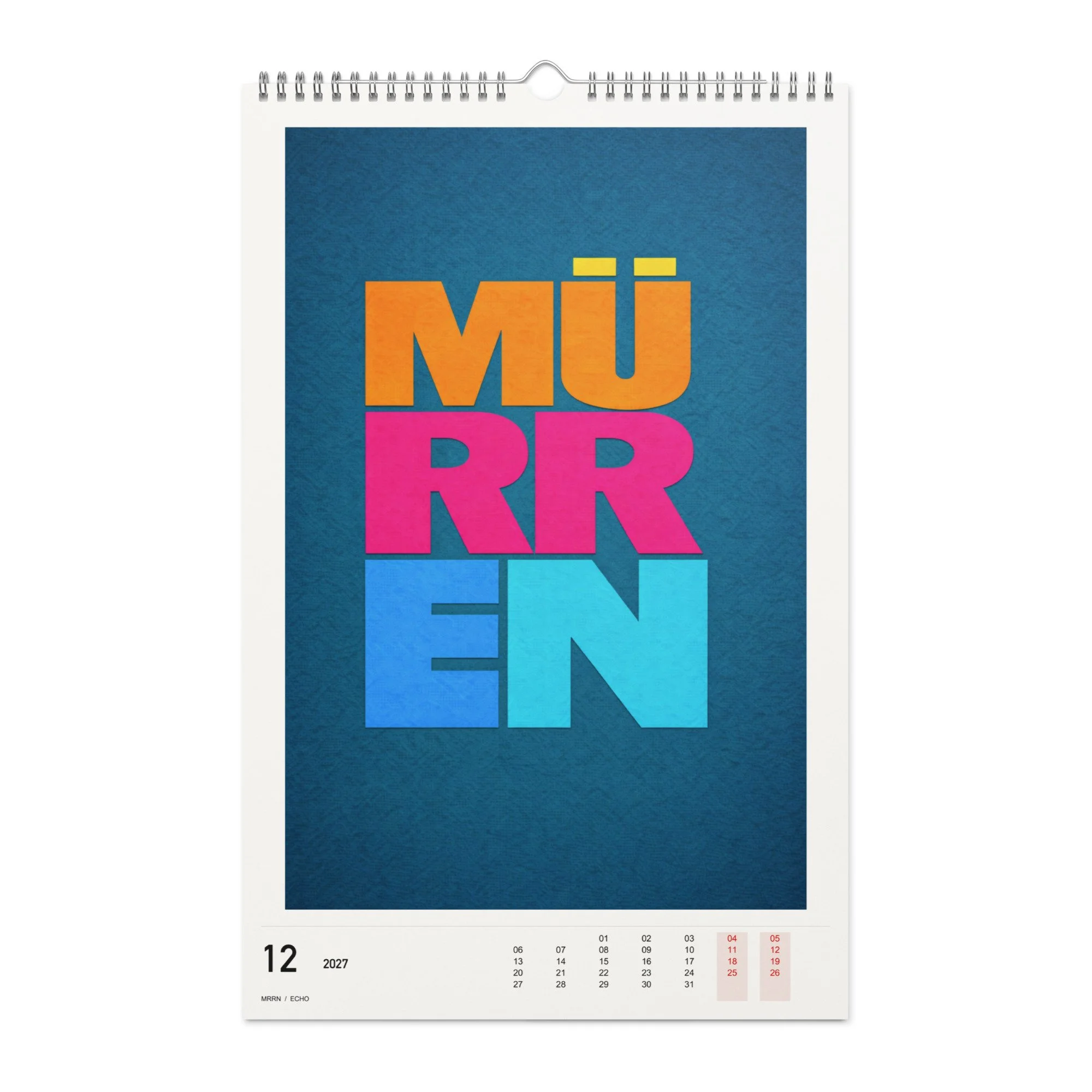 ECHO Kalender 2027, Monat 12: Leuchtfarben auf Nachtblau. / Month 12, numeric 2027 calendar.