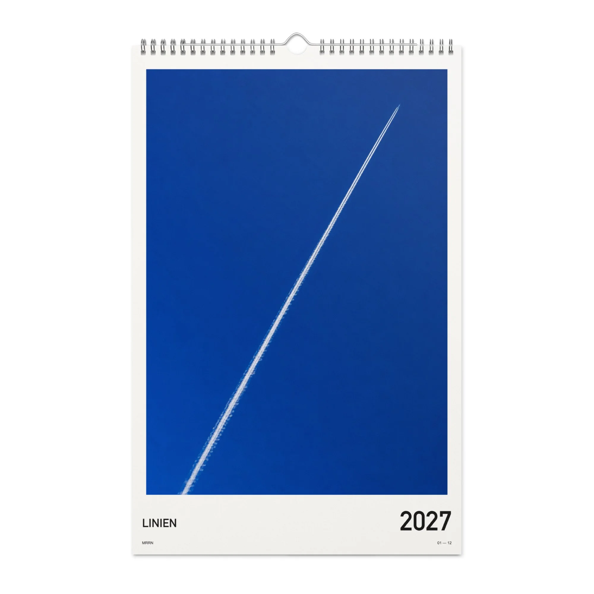 LINIEN Kalender 2027 von MRRN, Titelblatt mit einer weissen Spur am blauen Himmel. / Cover.