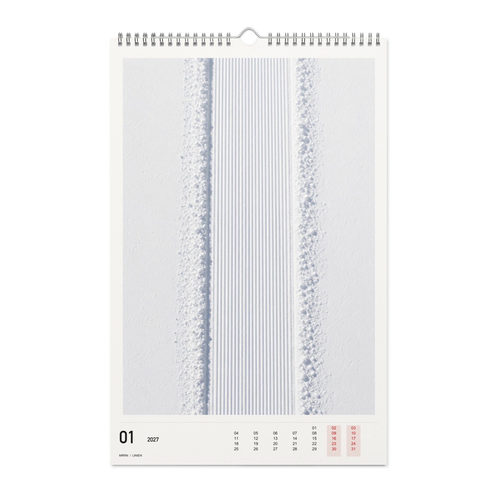 LINIEN Kalender 2027, Monat 01: Präparierte Schneespur. / Month 01, numeric 2027 calendar.