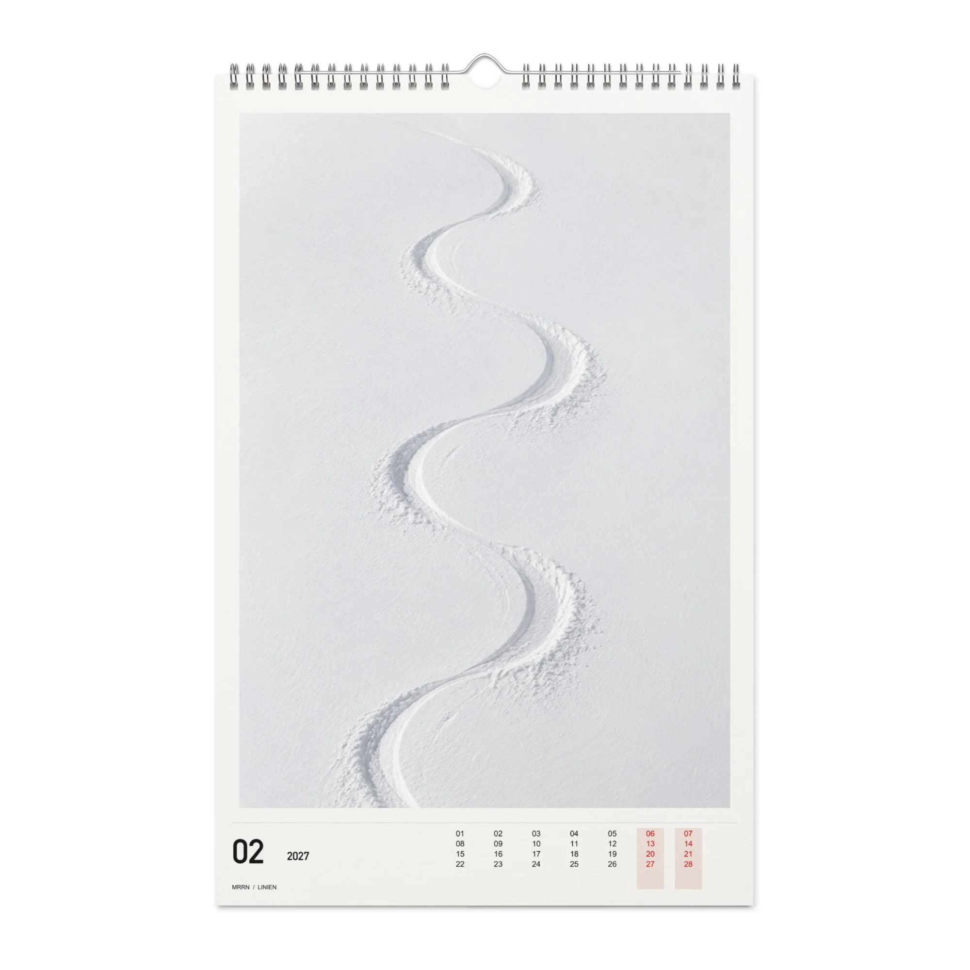 LINIEN Kalender 2027, Monat 02: Schwünge im Schnee. / Month 02, numeric 2027 calendar.