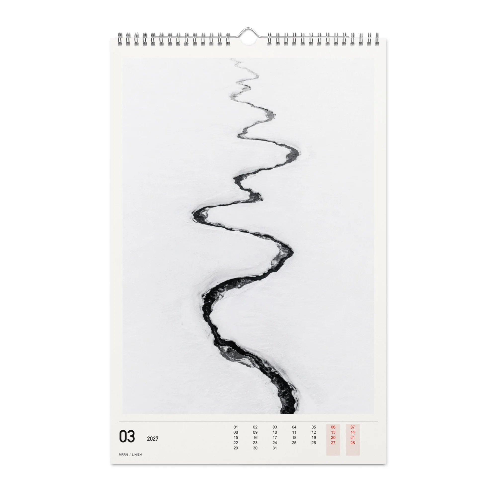 LINIEN Kalender 2027, Monat 03: Bach im Schnee. / Month 03, numeric 2027 calendar.