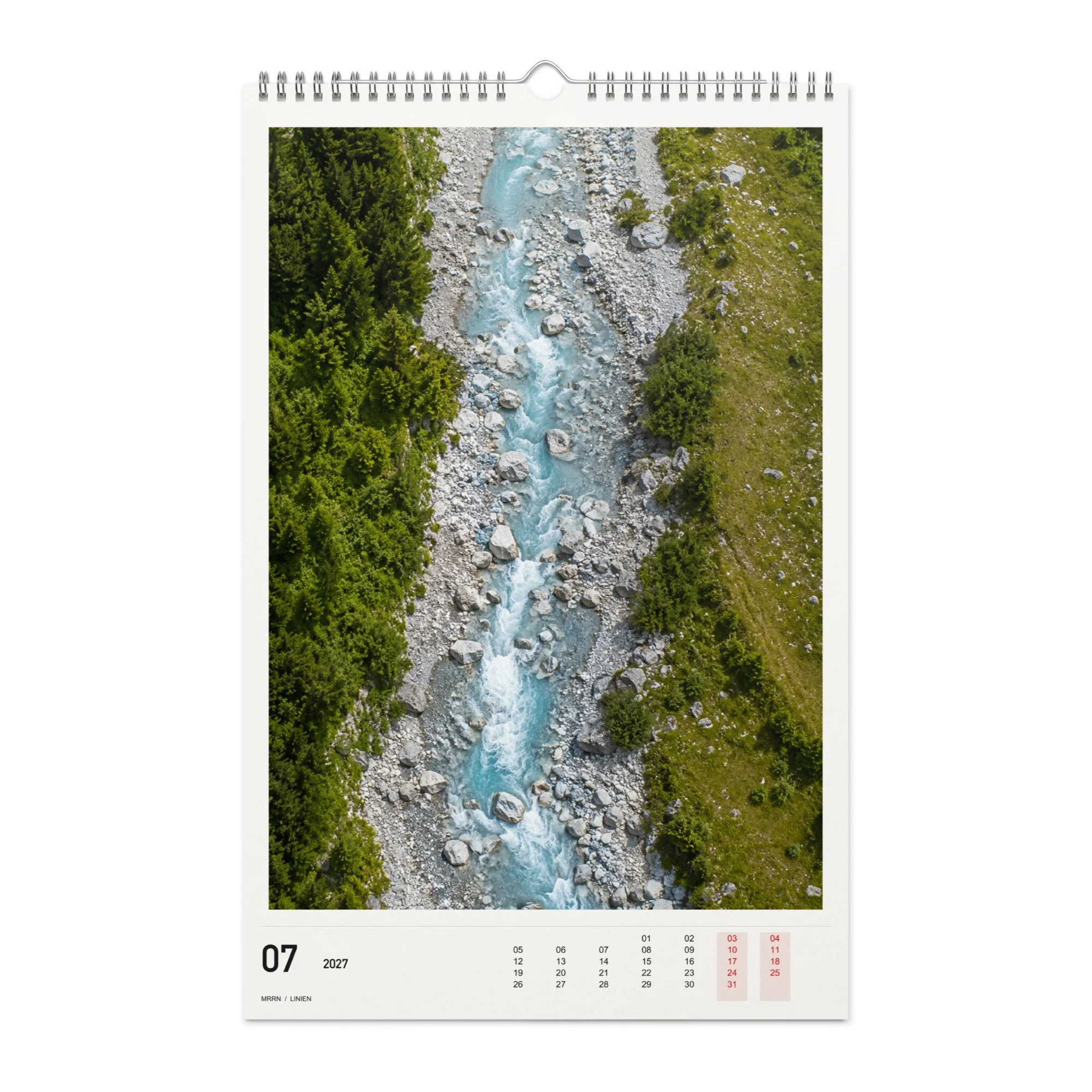 LINIEN Kalender 2027, Monat 07: Bergbach. / Month 07, numeric 2027 calendar.