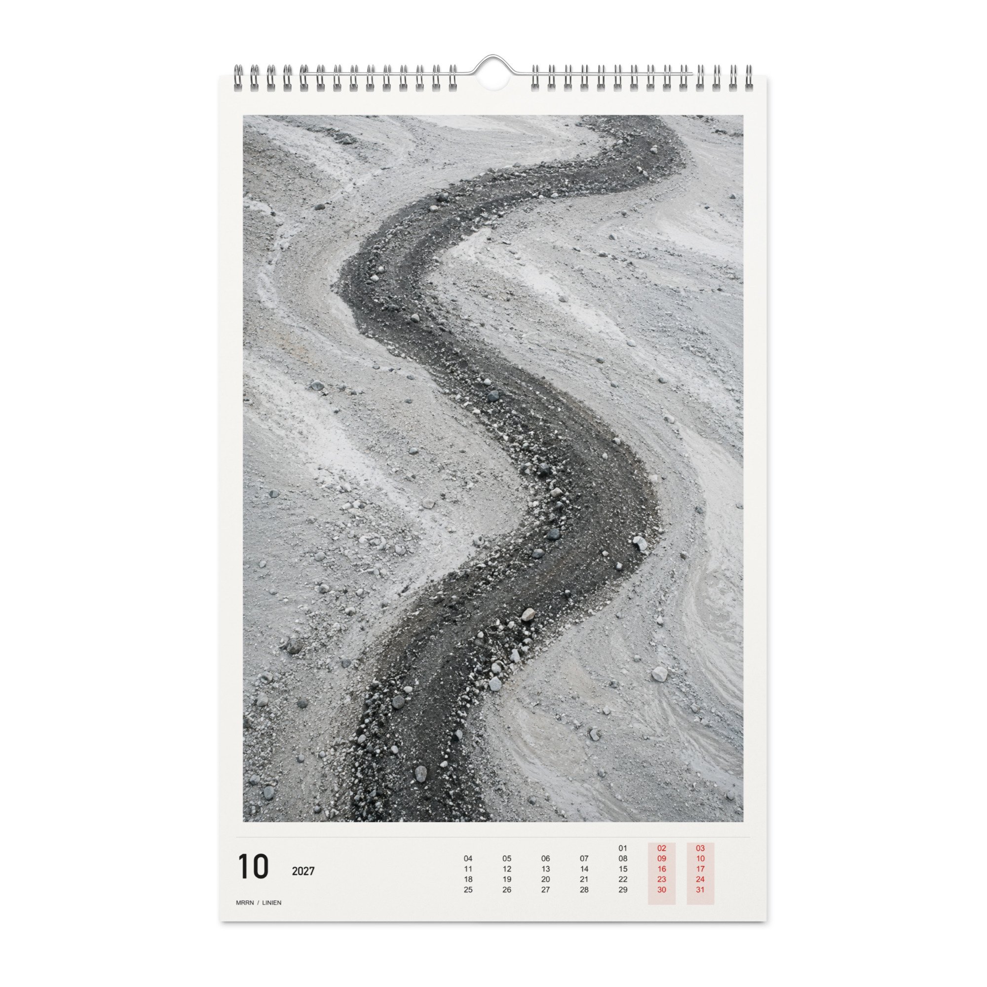 LINIEN Kalender 2027, Monat 10: Gewundene Schotterspur. / Month 10, numeric 2027 calendar.