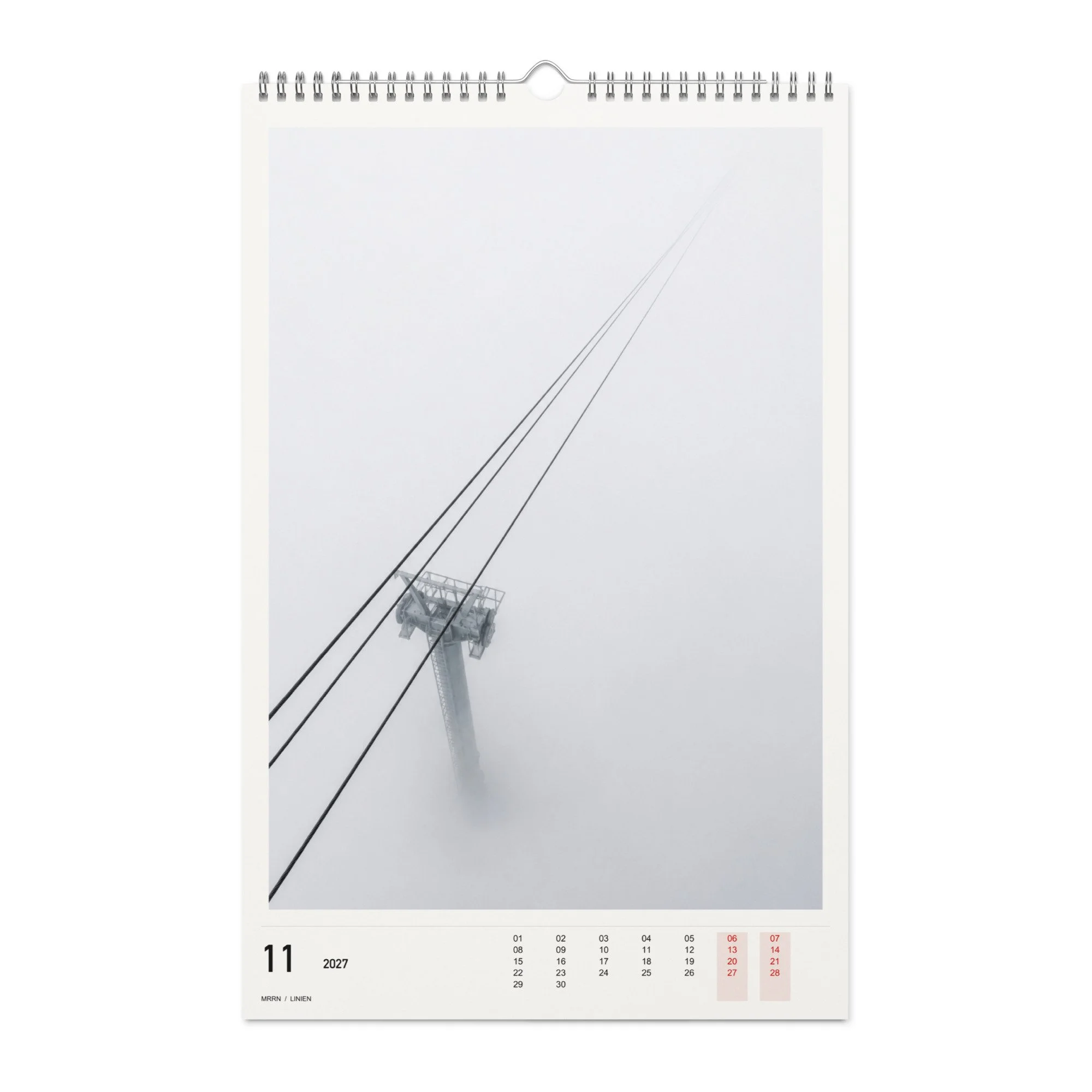 LINIEN Kalender 2027, Monat 11: Seilbahn im Nebel. / Month 11, numeric 2027 calendar.