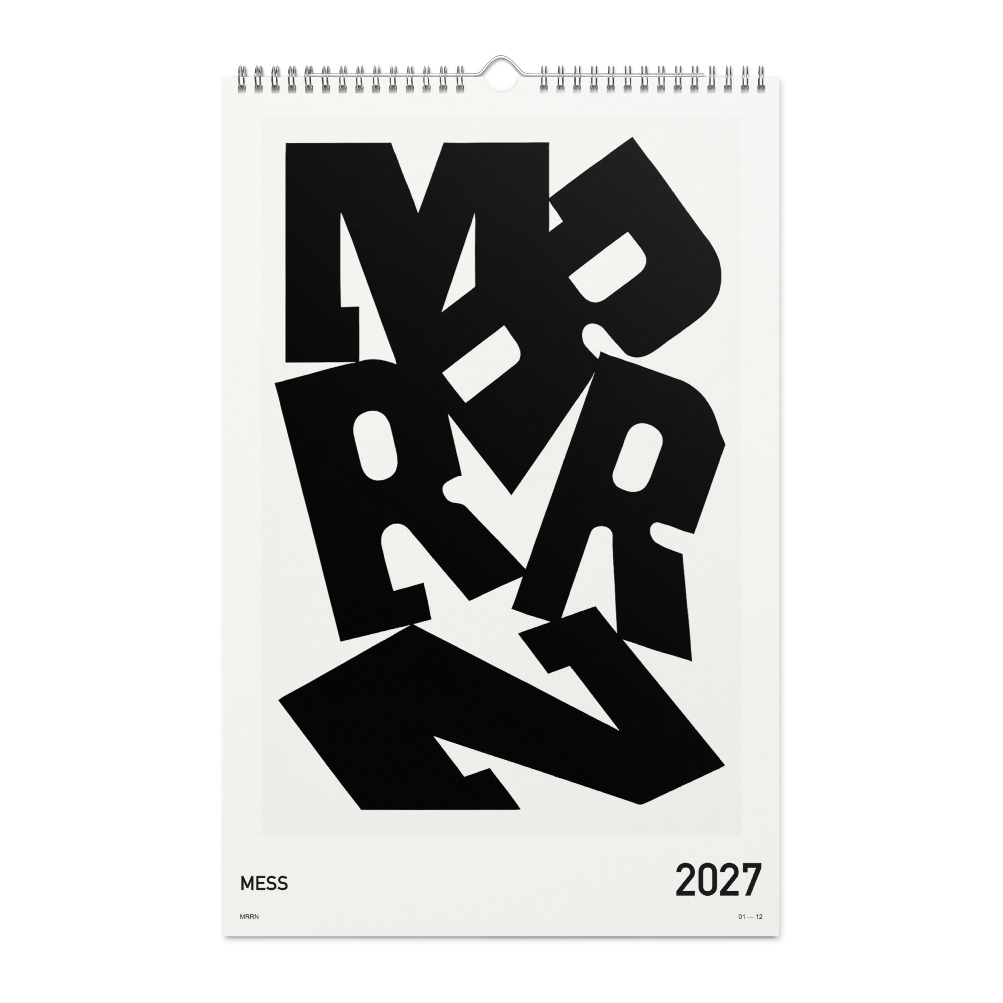 MESS Kalender 2027 von MRRN, Titelblatt mit geschichteten schwarzen Buchstaben. / Cover.