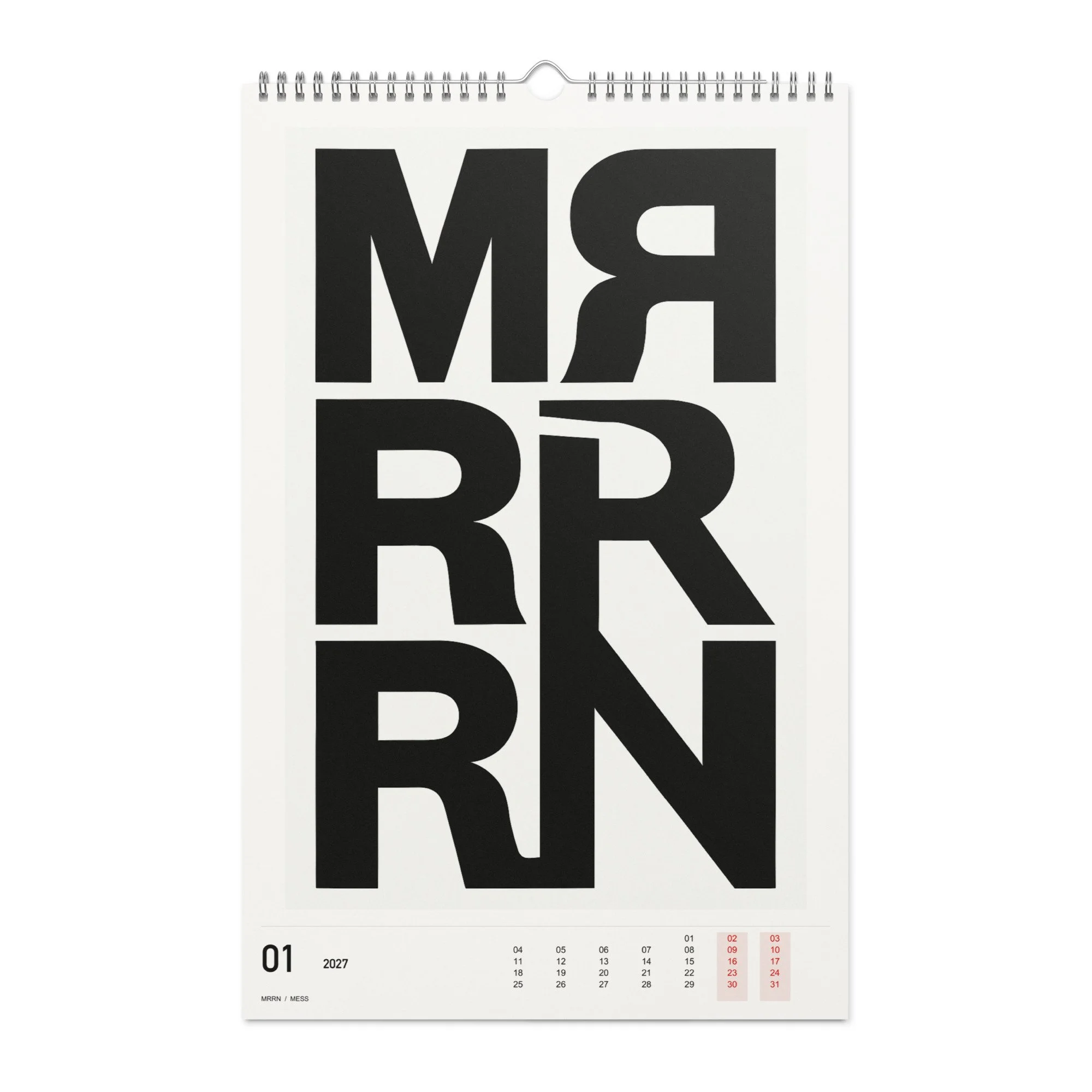 MESS Kalender 2027, Monat 01: Ordnung mit Spiegelung. / Month 01, numeric 2027 calendar.