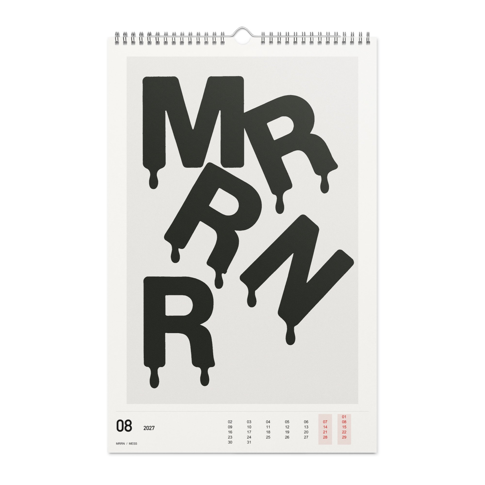 MESS Kalender 2027, Monat 08: Schmelzende Buchstaben. / Month 08, numeric 2027 calendar.