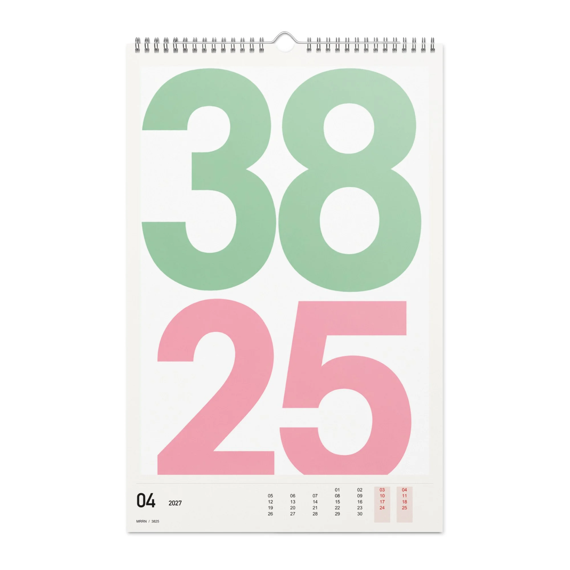 3825 Kalender 2027, Monat 04: Mint und Rosa. / Month 04, numeric 2027 calendar.