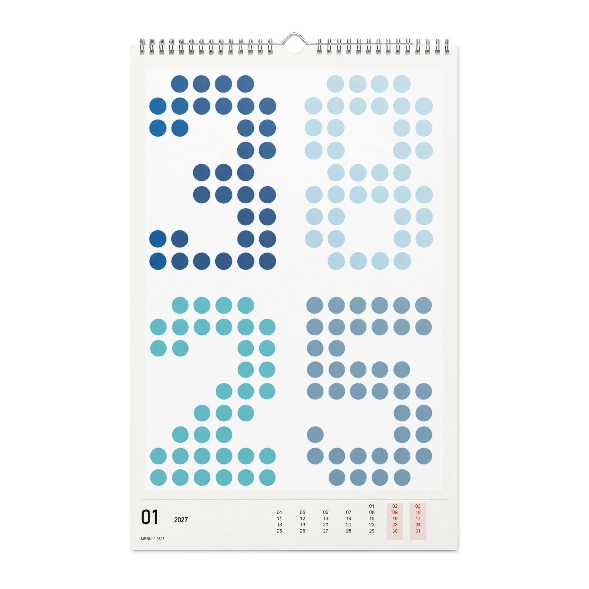 3825 Kalender 2027, Monat 01: Blaues Punktraster. / Month 01, numeric 2027 calendar.