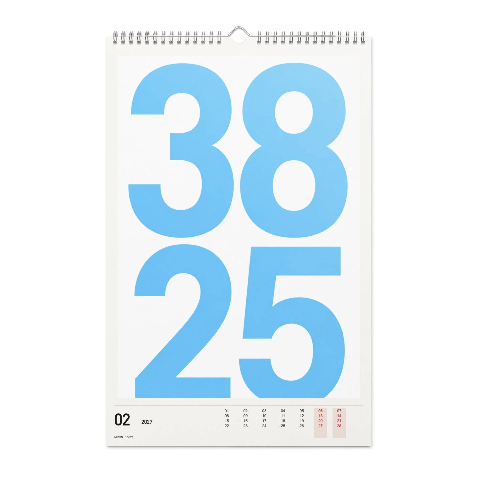 3825 Kalender 2027, Monat 02: Eisblau. / Month 02, numeric 2027 calendar.
