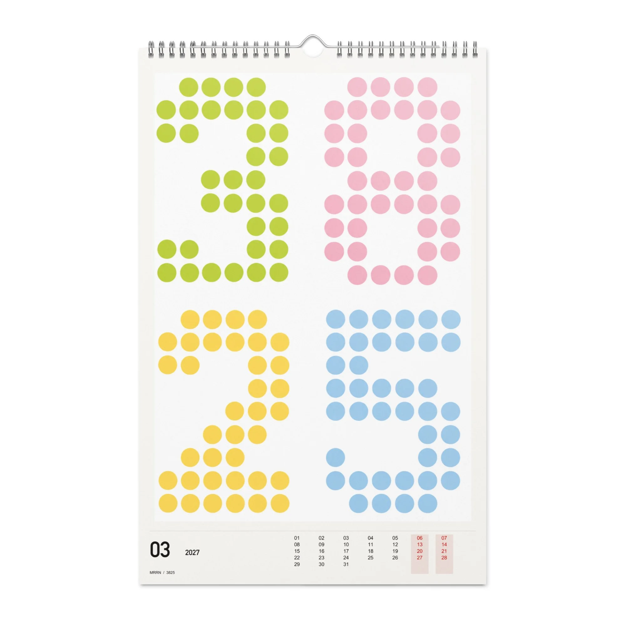 3825 Kalender 2027, Monat 03: Pastellpunkte. / Month 03, numeric 2027 calendar.
