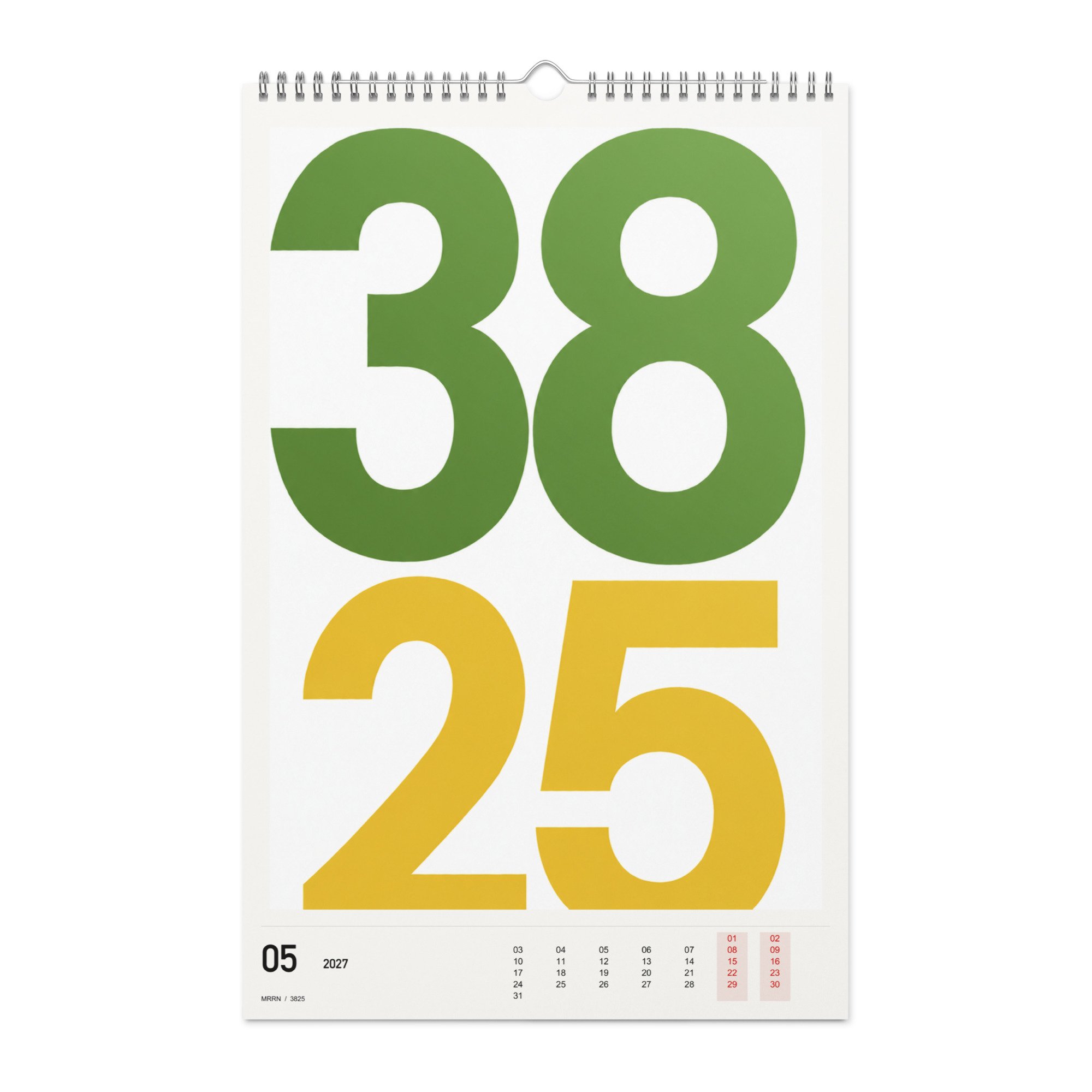 3825 Kalender 2027, Monat 05: Grün und Gelb. / Month 05, numeric 2027 calendar.