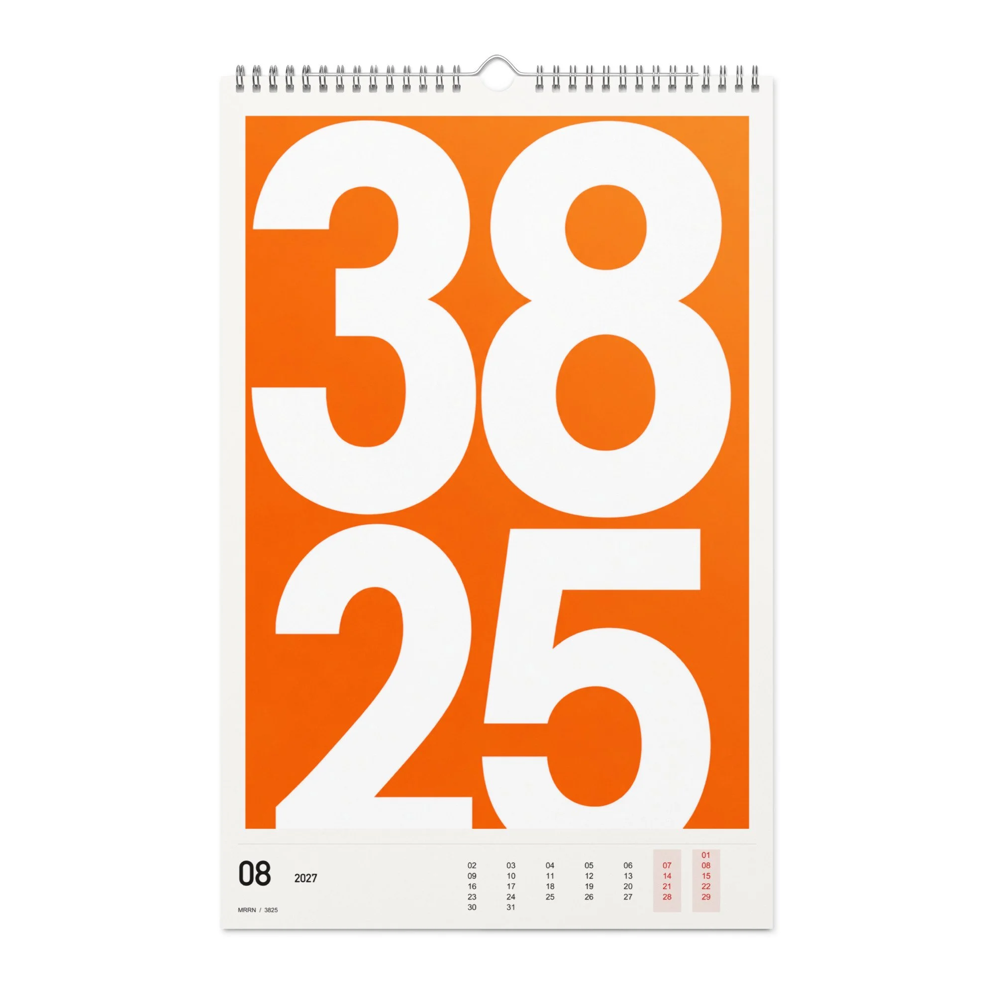 3825 Kalender 2027, Monat 08: Weiss auf Orange. / Month 08, numeric 2027 calendar.