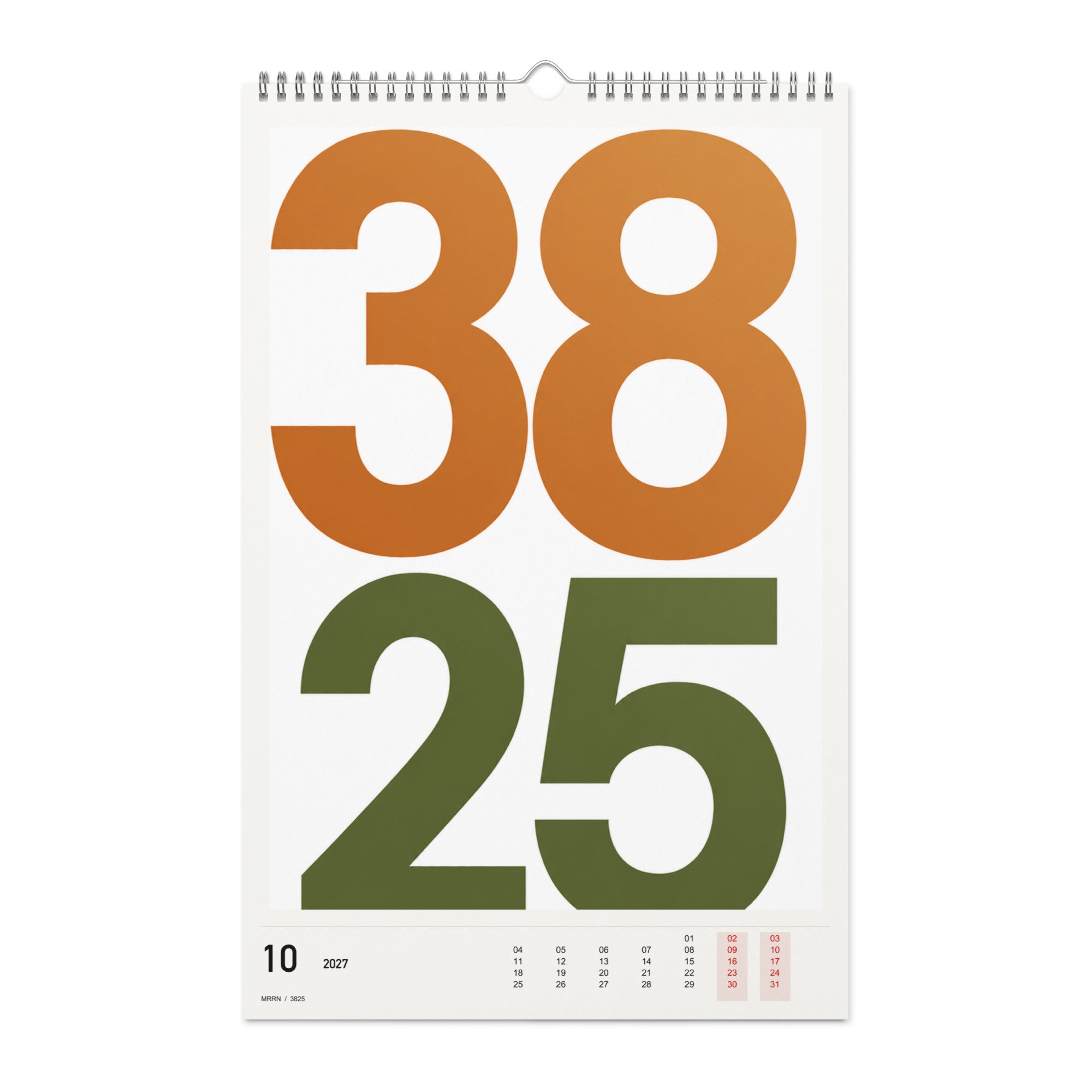 3825 Kalender 2027, Monat 10: Kupfer und Oliv. / Month 10, numeric 2027 calendar.