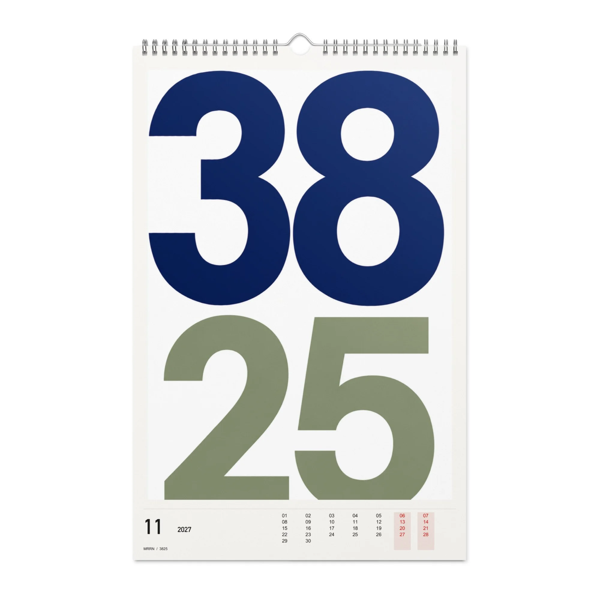 3825 Kalender 2027, Monat 11: Nachtblau und Olivgrau. / Month 11, numeric 2027 calendar.