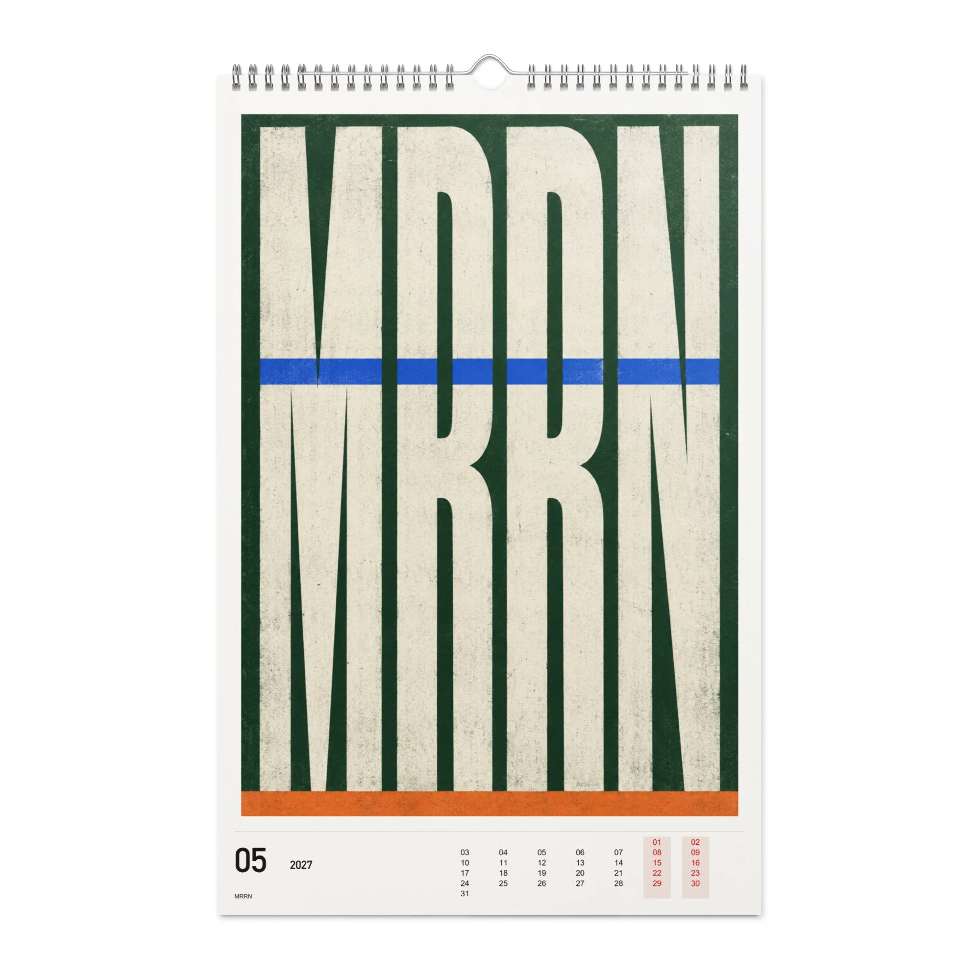 MRRN Kalender 2027, Monat 05: Grüne Vertikale. / Month 05, numeric 2027 calendar.