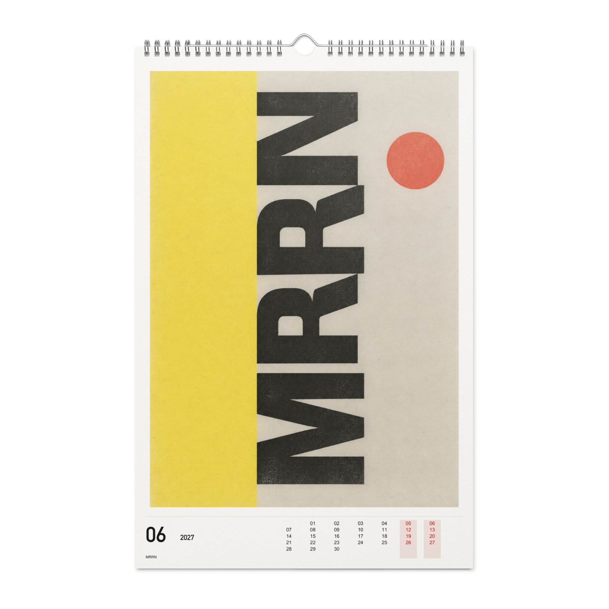 MRRN Kalender 2027, Monat 06: Gelbe Fläche und roter Punkt. / Month 06, numeric 2027 calendar.