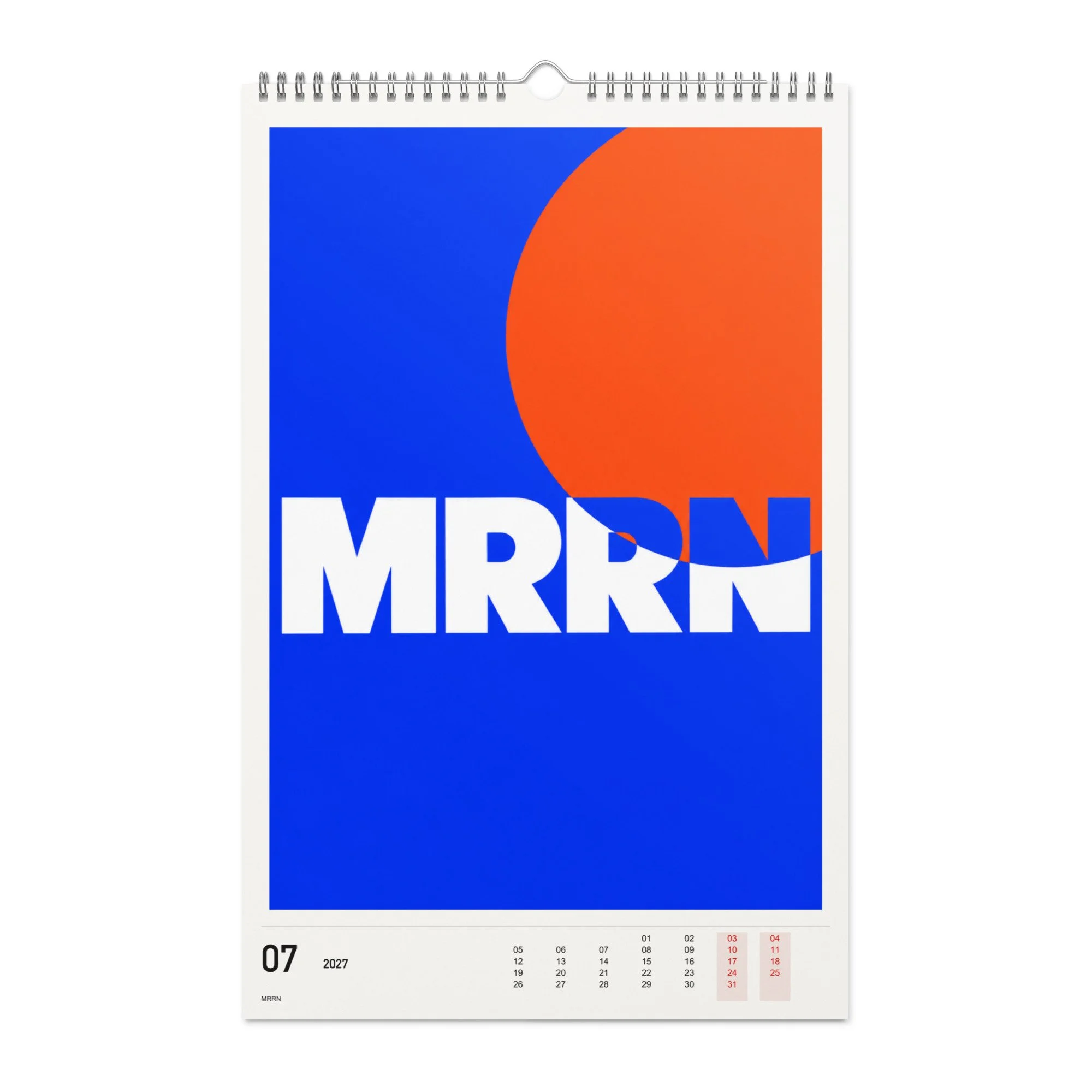MRRN Kalender 2027, Monat 07: Blau und Orange. / Month 07, numeric 2027 calendar.