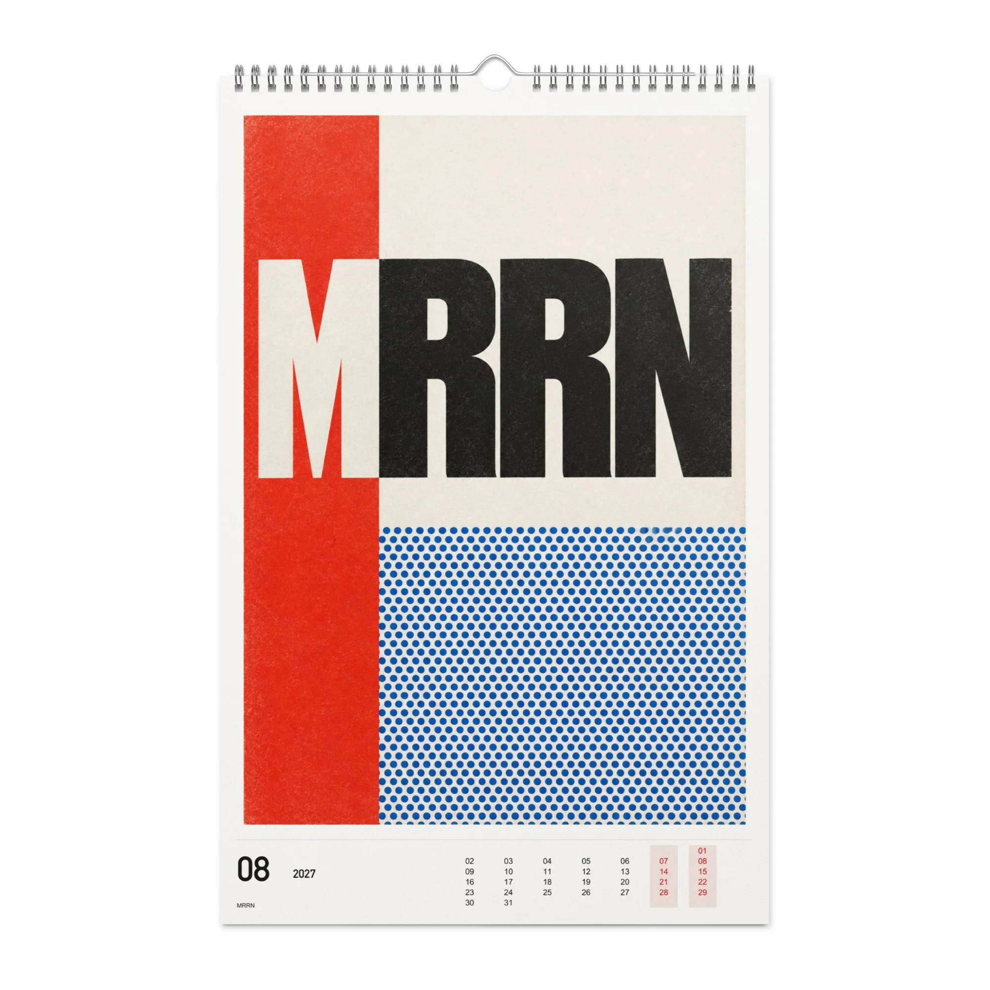 MRRN Kalender 2027, Monat 08: Roter Streifen und blaues Raster. / Month 08, numeric 2027 calendar.