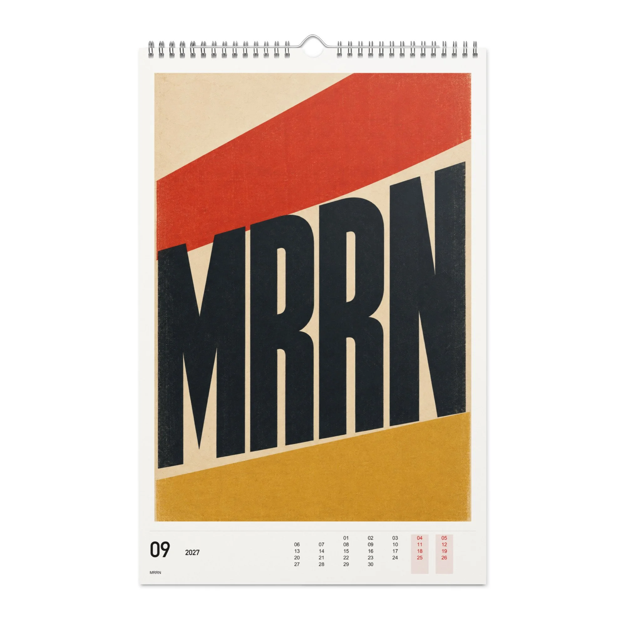 MRRN Kalender 2027, Monat 09: Diagonale in Rot und Ocker. / Month 09, numeric 2027 calendar.
