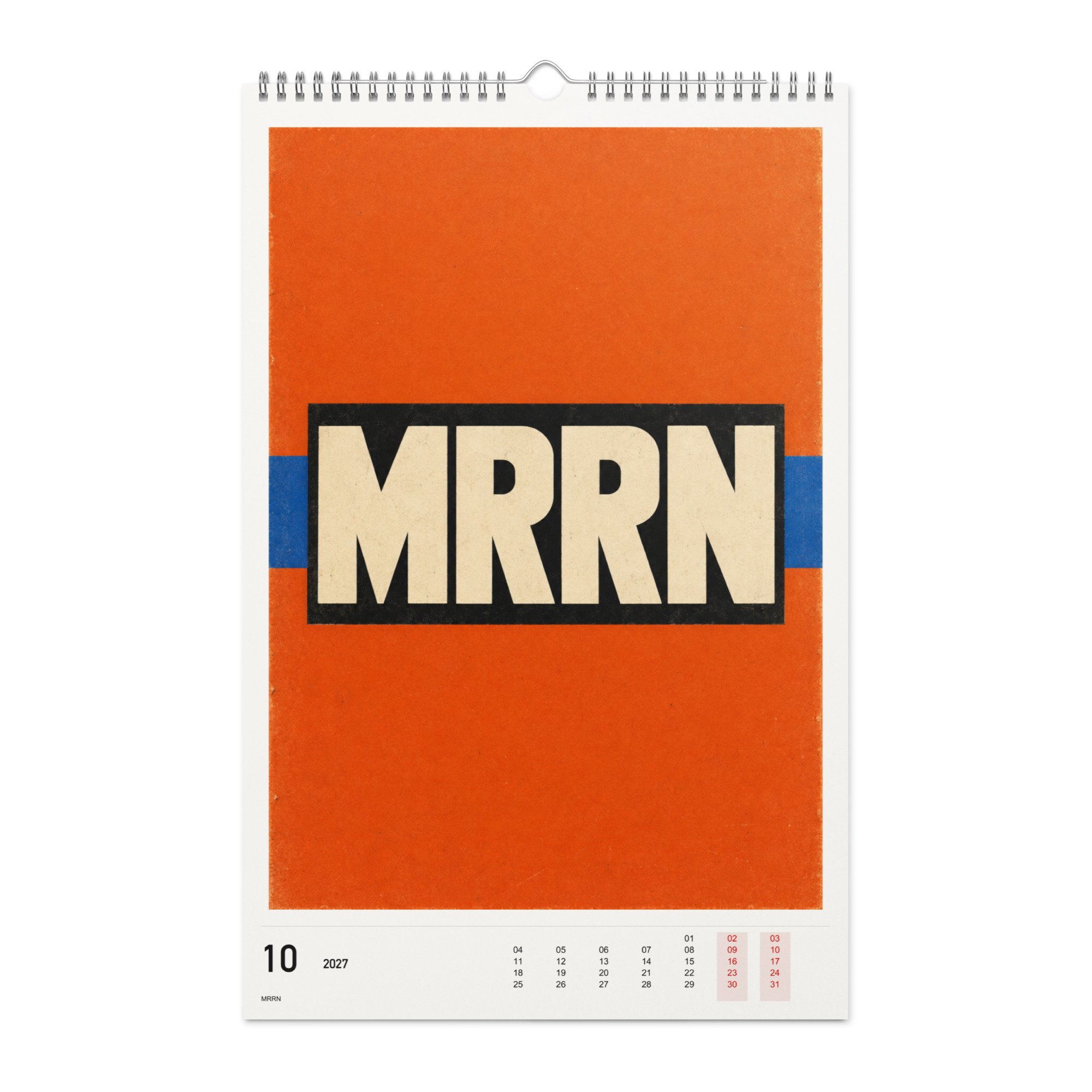 MRRN Kalender 2027, Monat 10: Orange mit blauem Querbalken. / Month 10, numeric 2027 calendar.