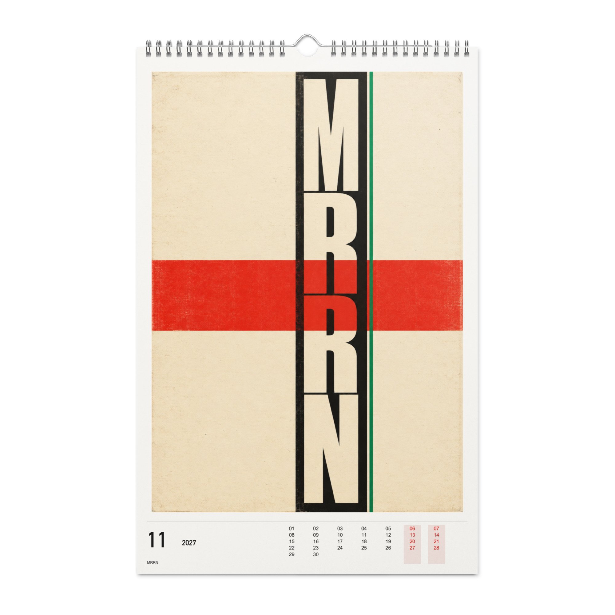 MRRN Kalender 2027, Monat 11: Vertikale mit rotem Querband. / Month 11, numeric 2027 calendar.