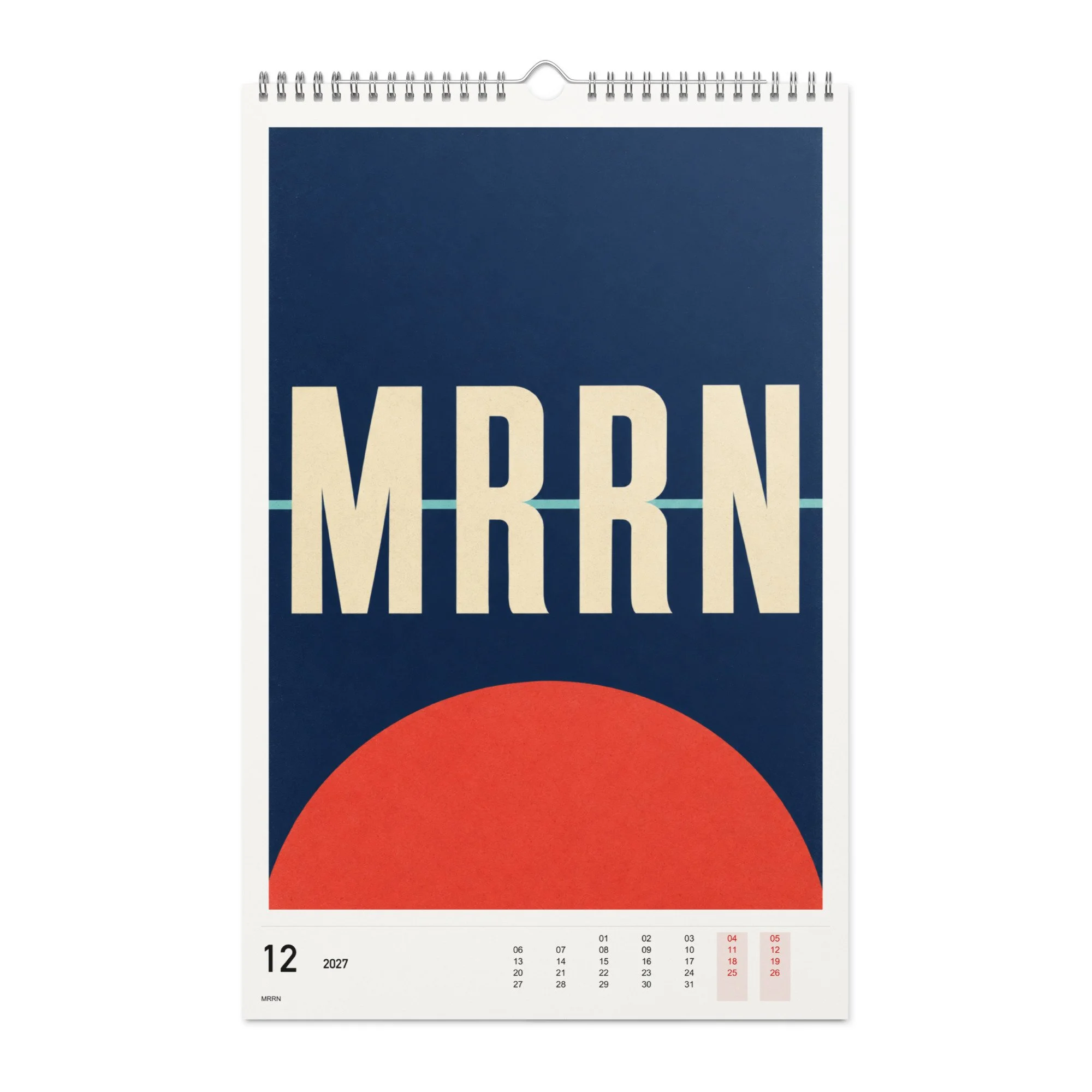 MRRN Kalender 2027, Monat 12: Nachtblau und rote Kreisform. / Month 12, numeric 2027 calendar.