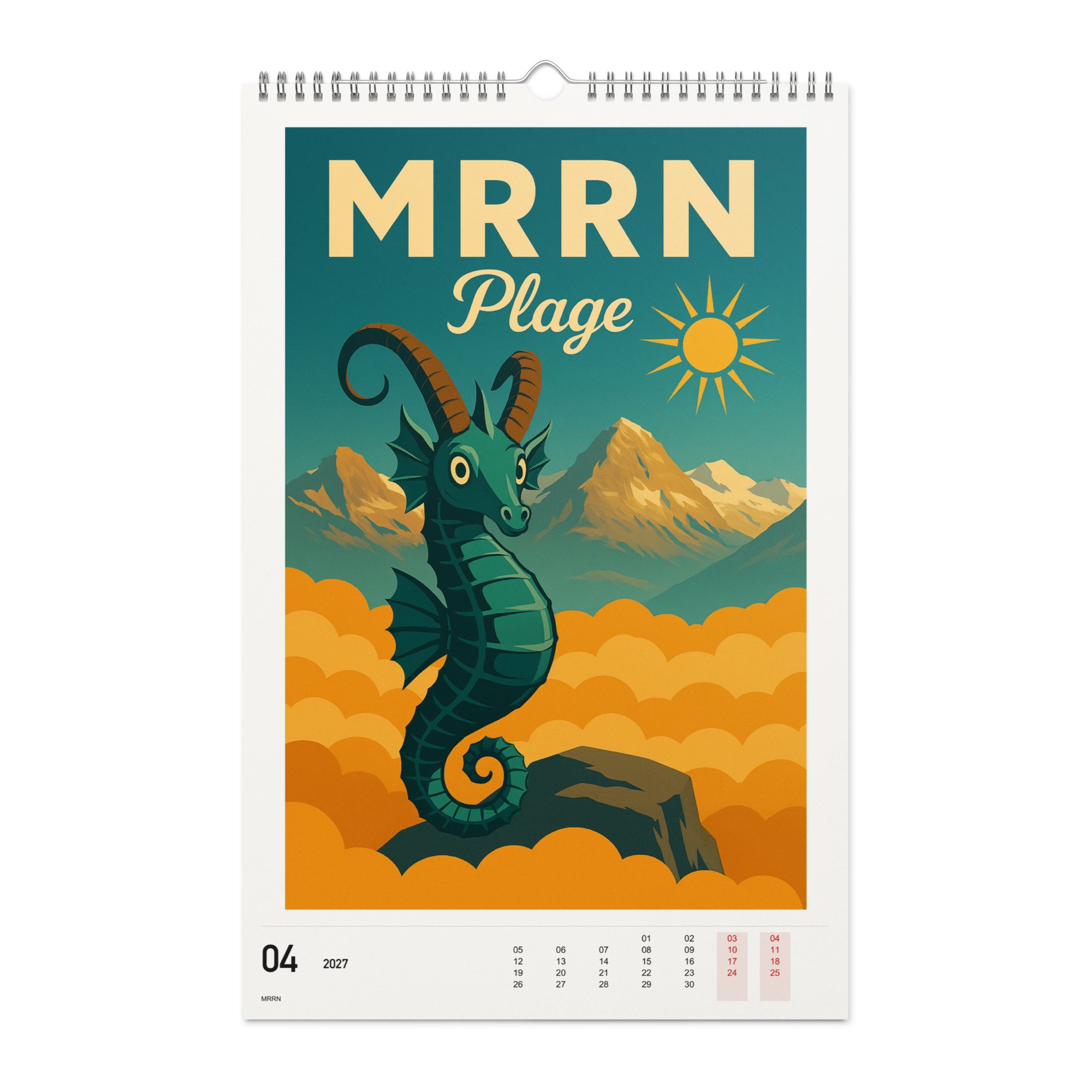 MRRN Plage Kalender 2027, Monat 04: Seepferd. / Month 04, numeric 2027 calendar.