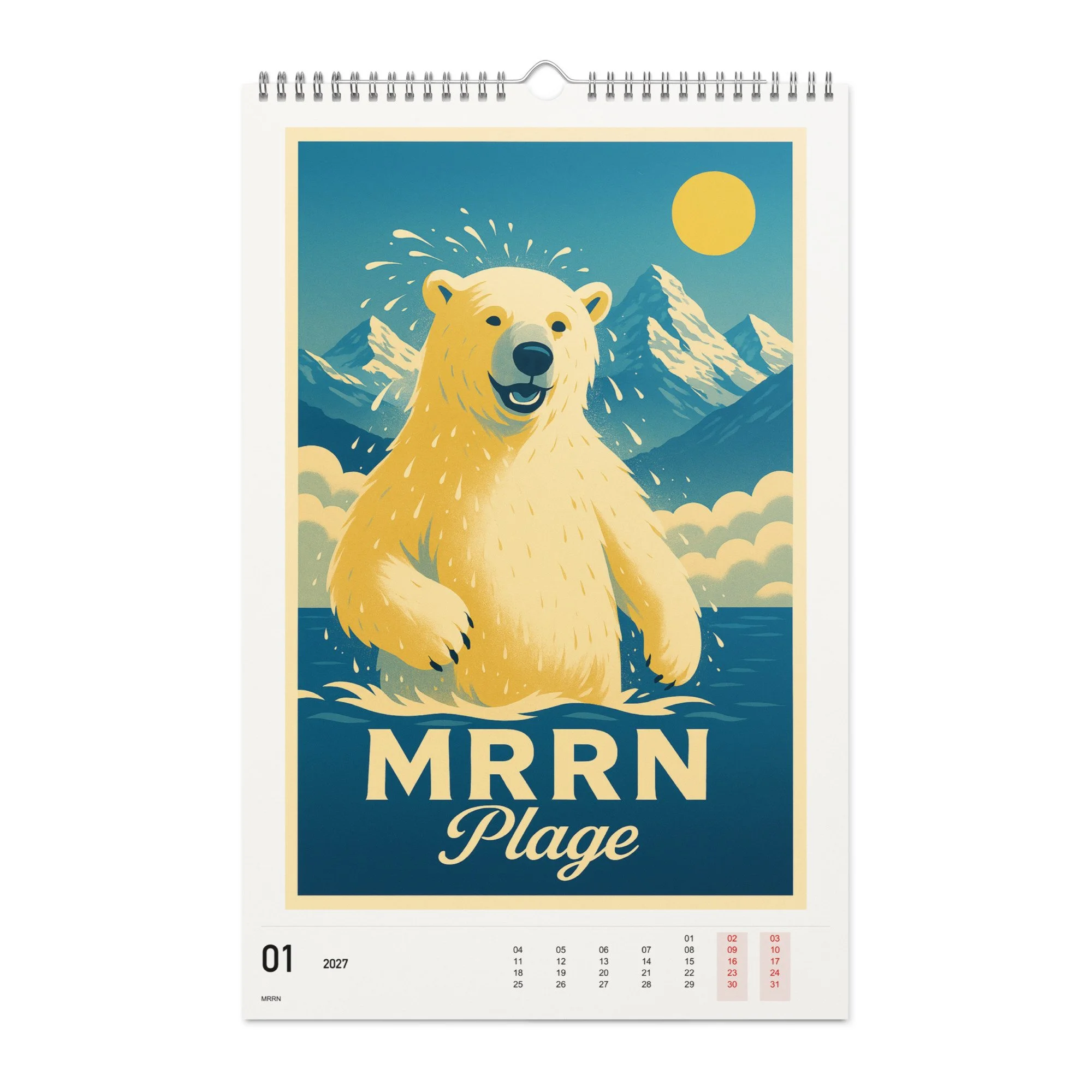 MRRN Plage Kalender 2027, Monat 01: Polarbär. / Month 01, numeric 2027 calendar.