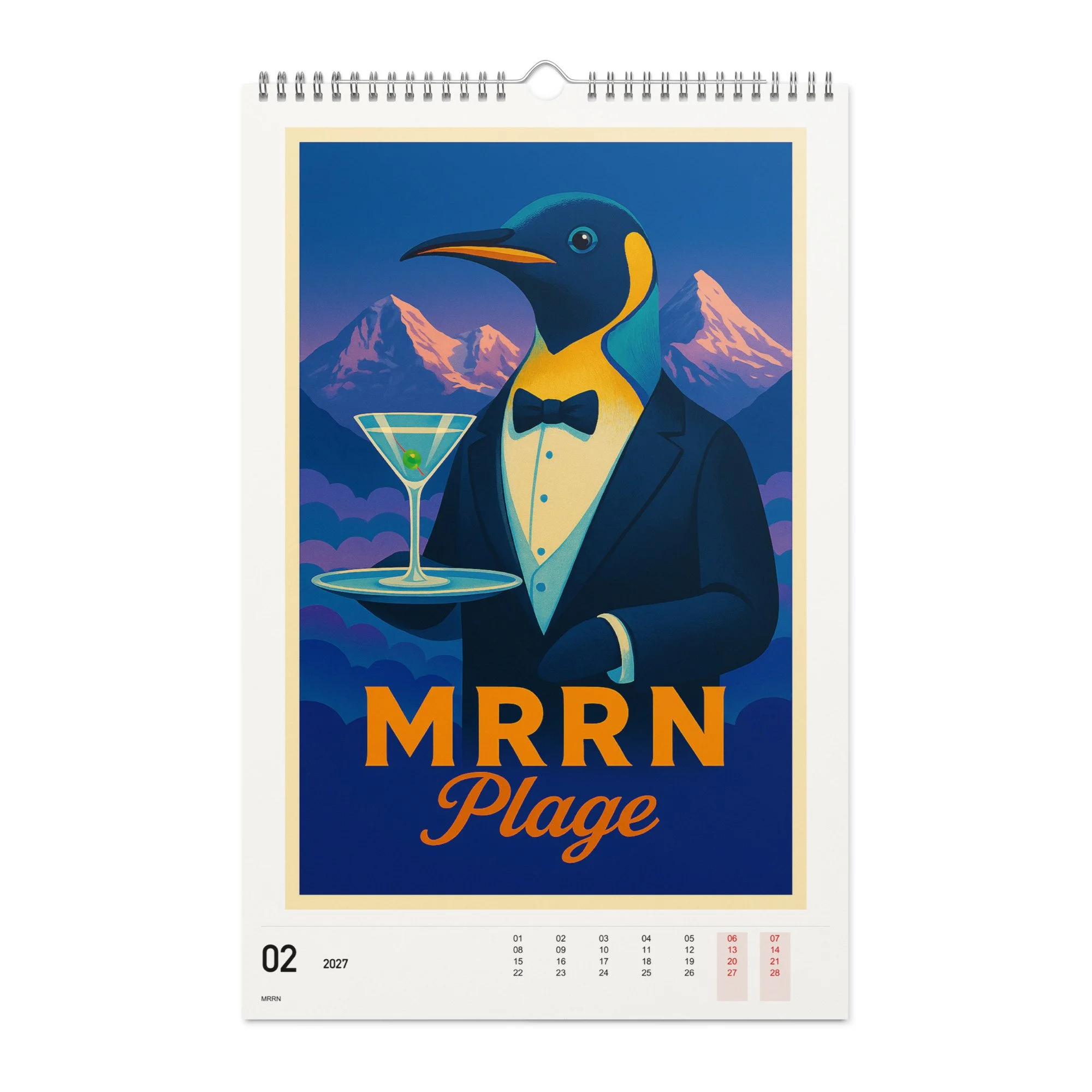 MRRN Plage Kalender 2027, Monat 02: Königspinguin. / Month 02, numeric 2027 calendar.