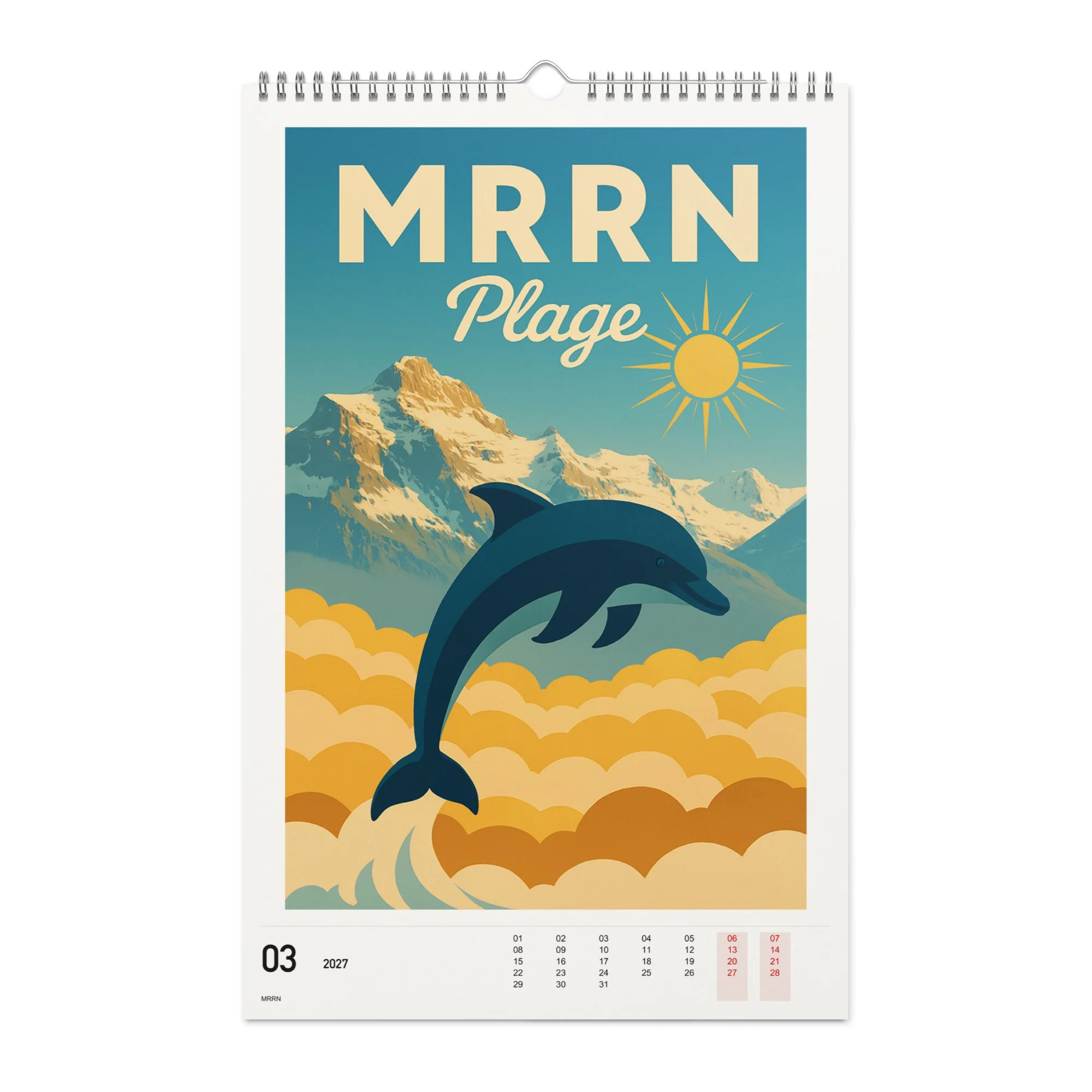 MRRN Plage Kalender 2027, Monat 03: Delphin. / Month 03, numeric 2027 calendar.