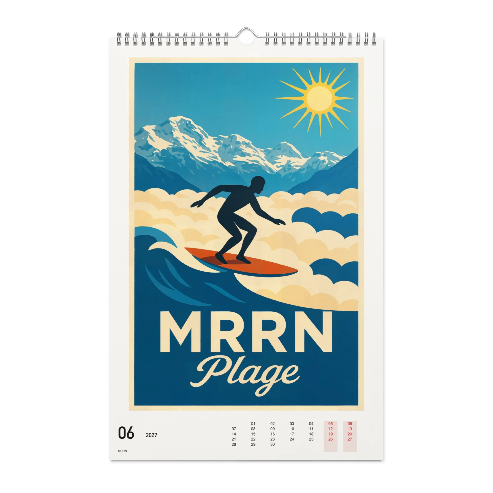 MRRN Plage Kalender 2027, Monat 06: Wellenreiter. / Month 06, numeric 2027 calendar.