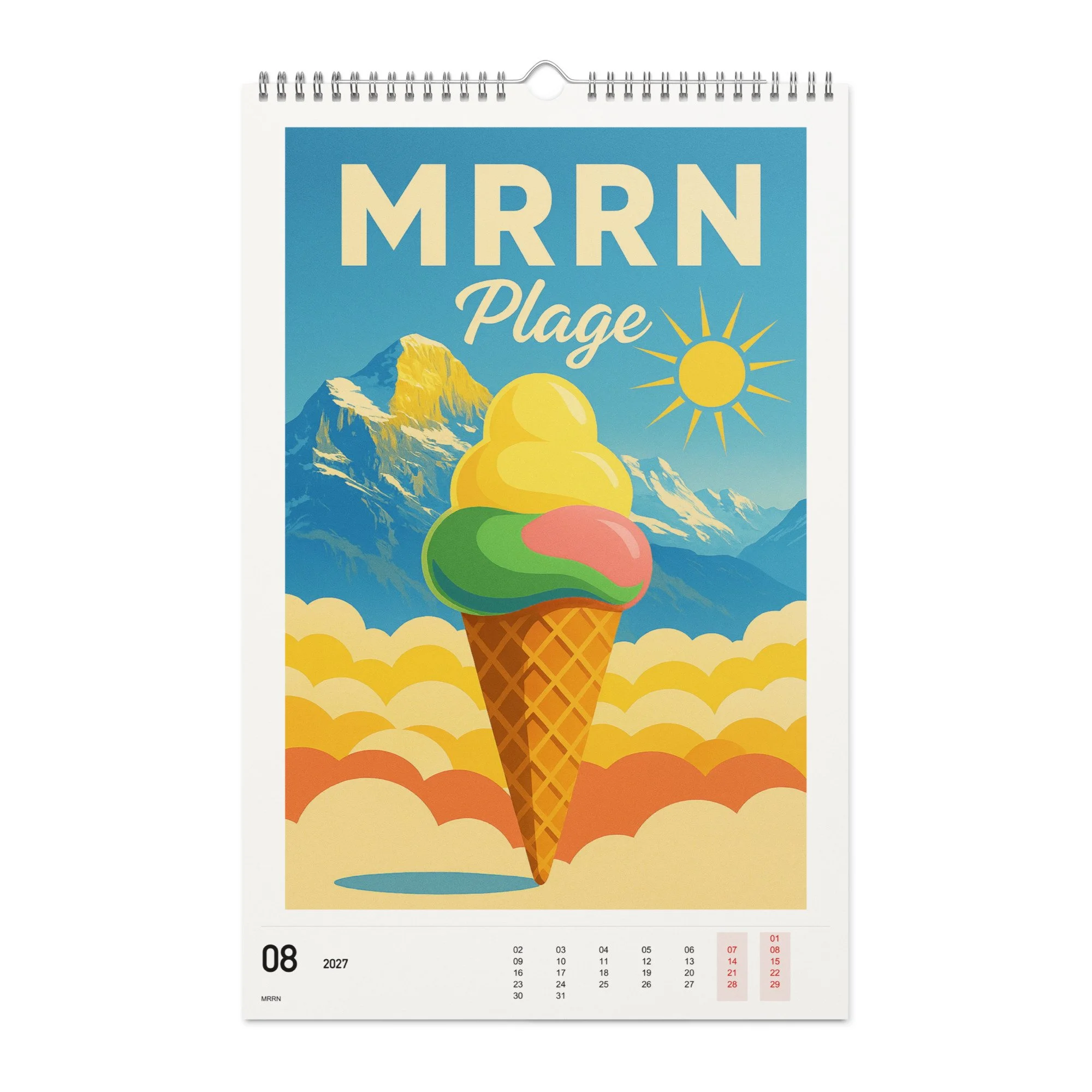 MRRN Plage Kalender 2027, Monat 08: Glaçe. / Month 08, numeric 2027 calendar.