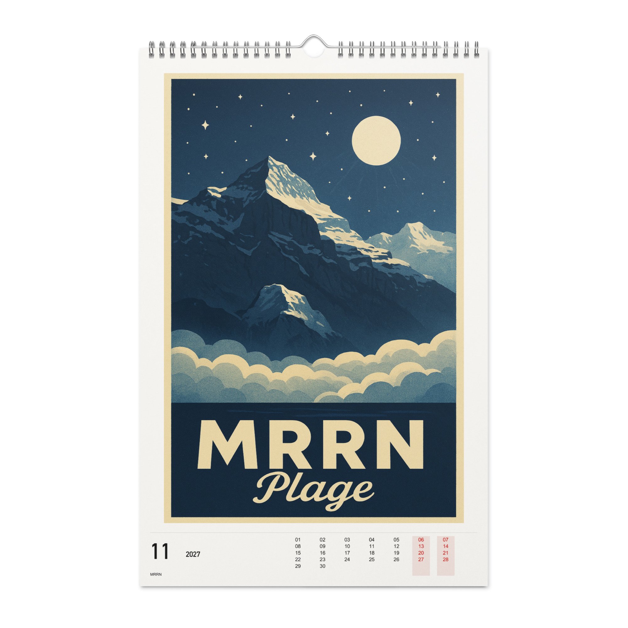 MRRN Plage Kalender 2027, Monat 11: Vollmond. / Month 11, numeric 2027 calendar.