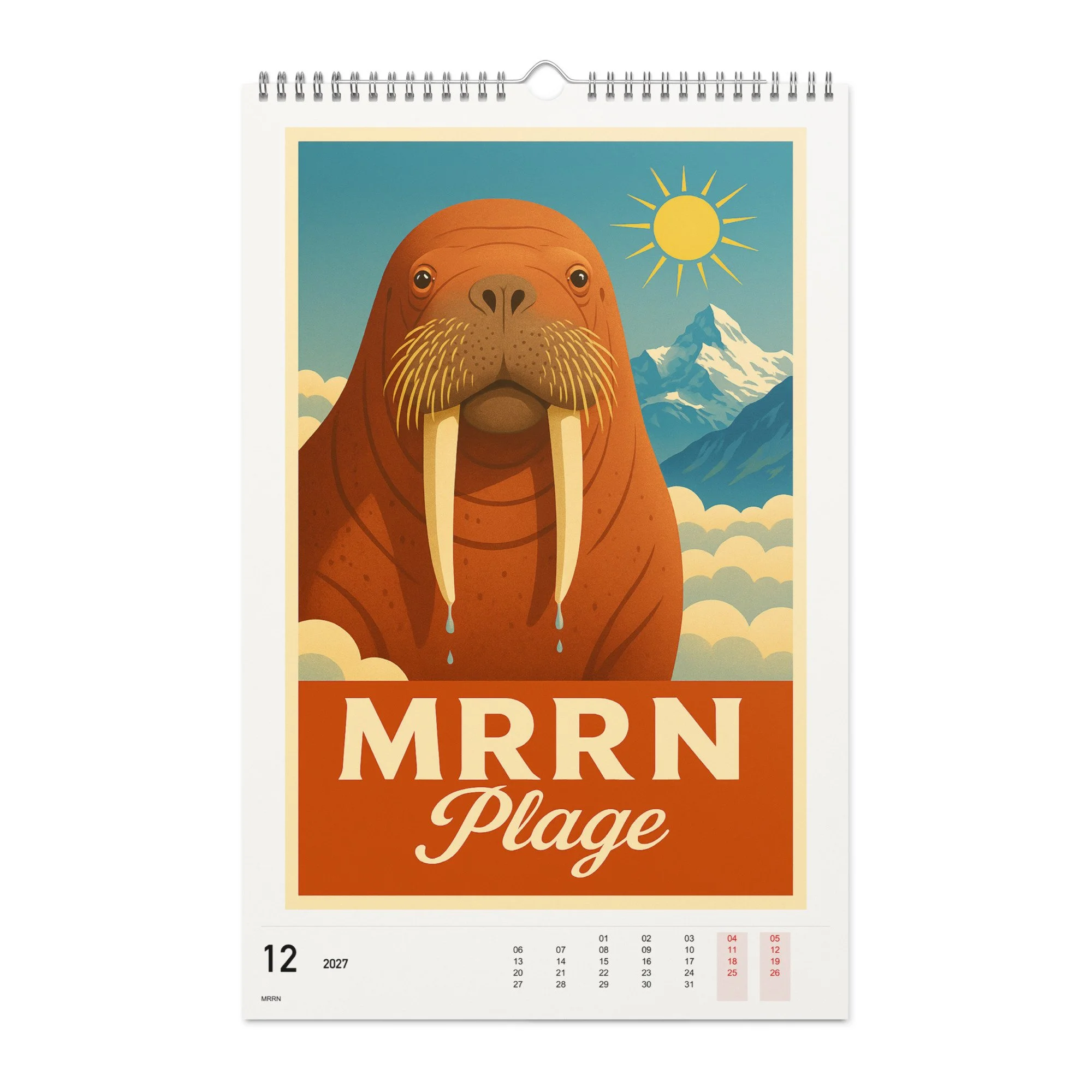 MRRN Plage Kalender 2027, Monat 12: Walross. / Month 12, numeric 2027 calendar.