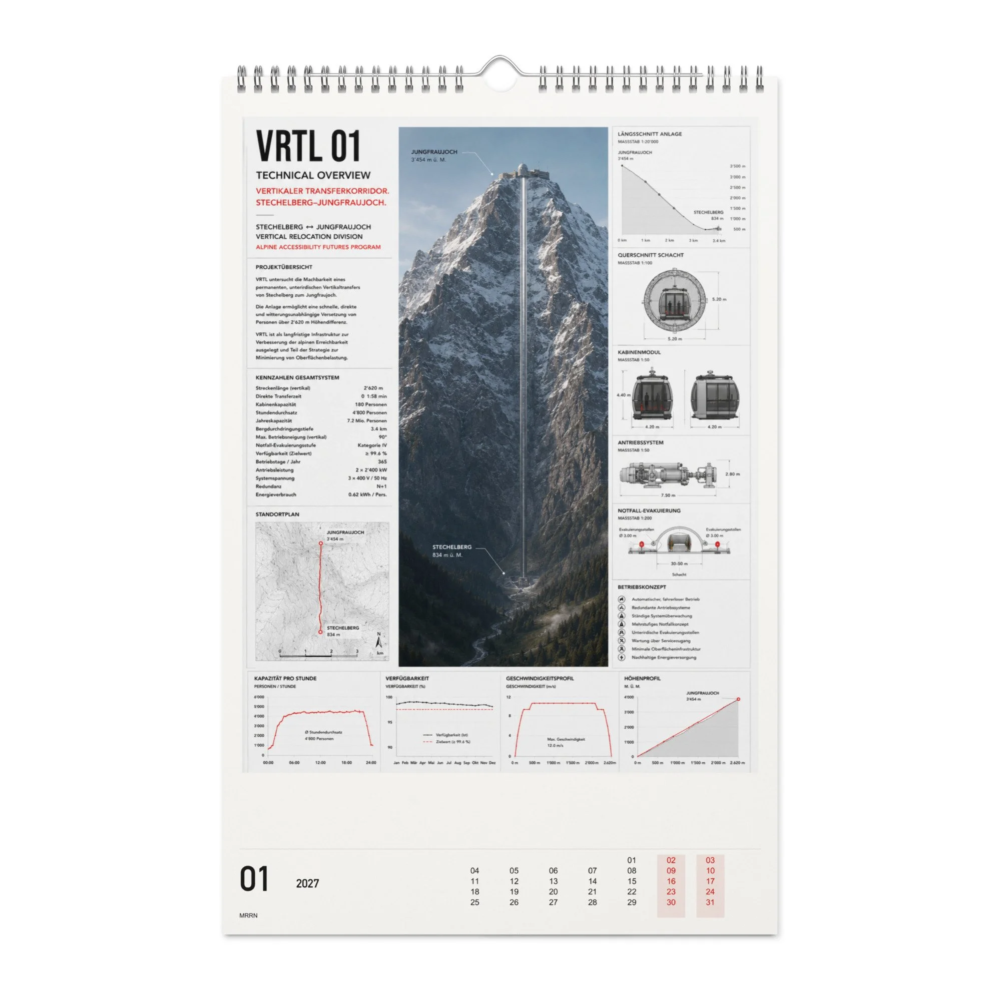 Total Accessibility Kalender 2027, Monat 01: VRTL – Vertikal. / Imaginary infrastructure, month 01.