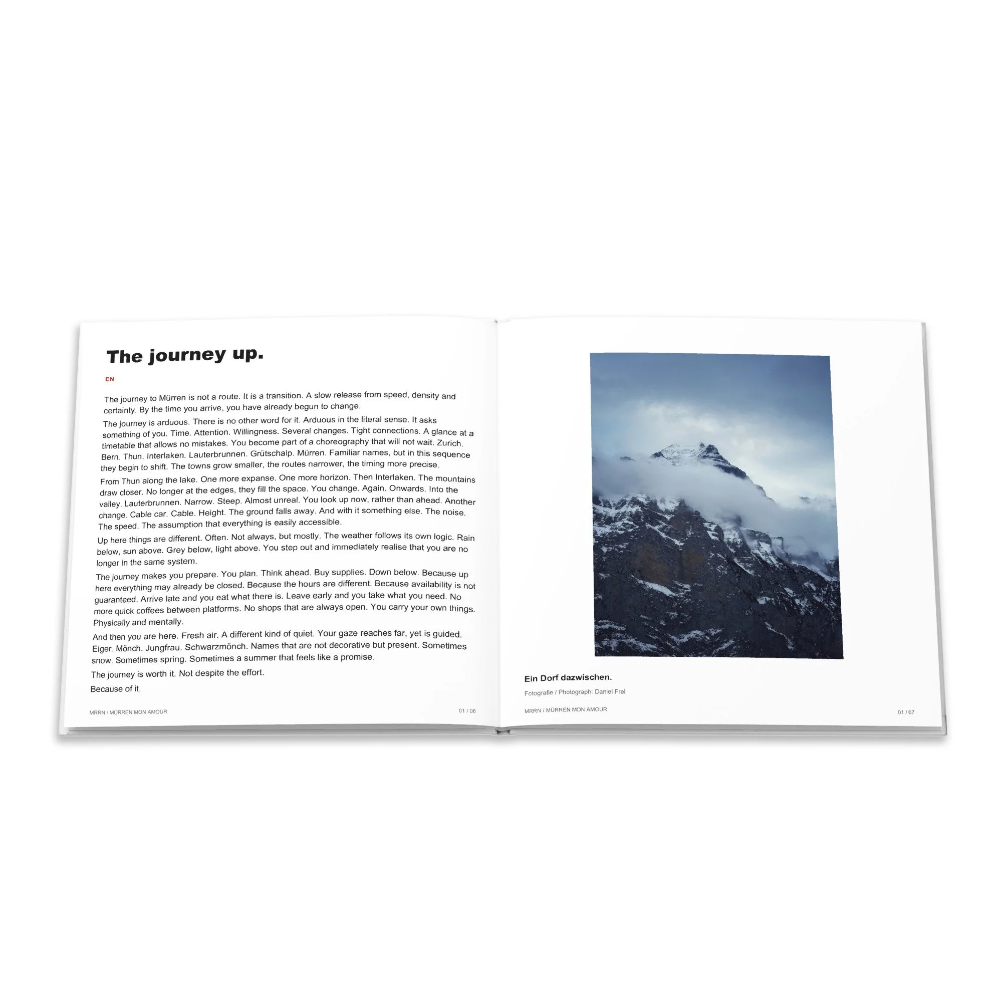 Englischer Text «The journey up.» und Bergfotografie zum Beitrag «Ein Dorf dazwischen.».