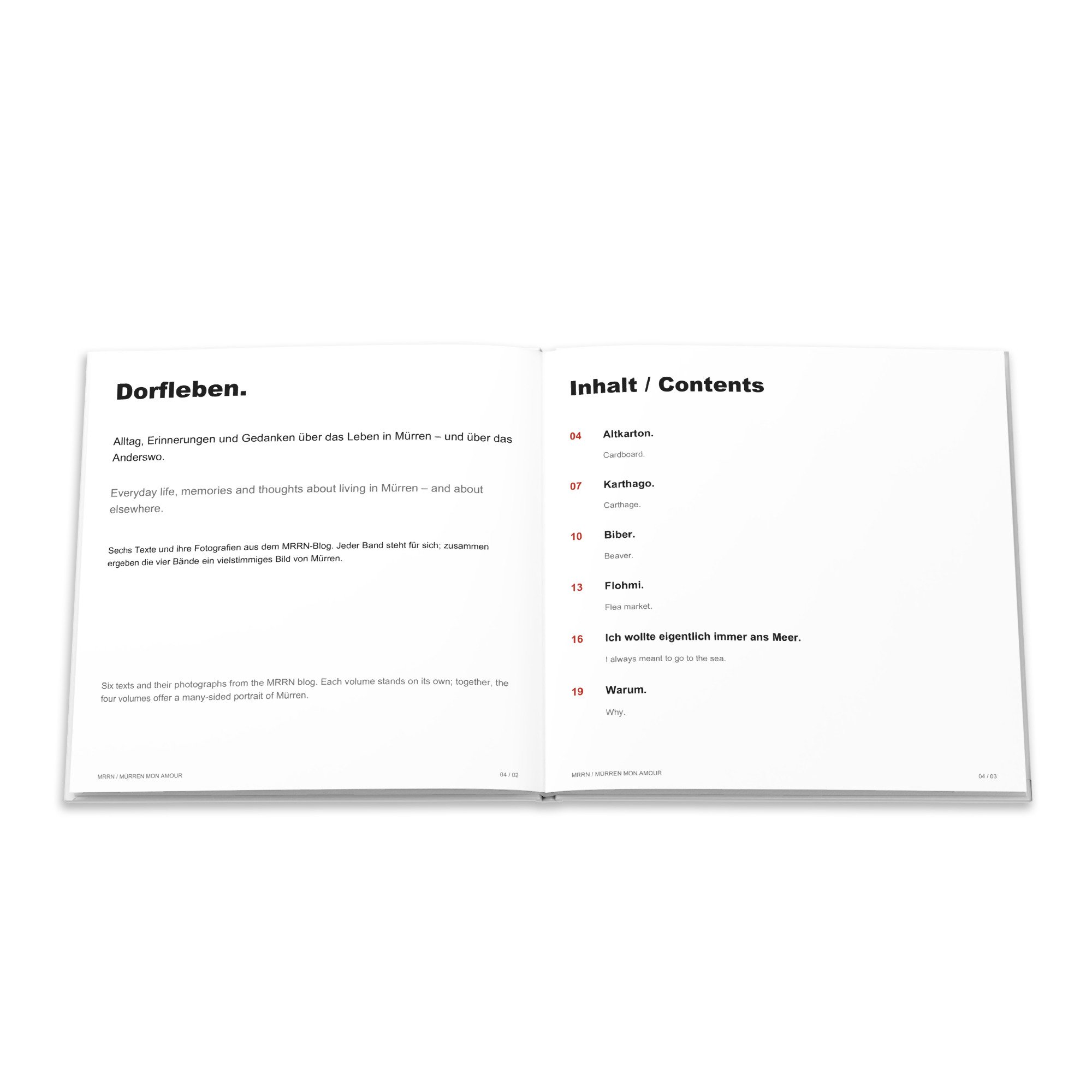 Einführung und Inhaltsverzeichnis des Bildbuchs Dorfleben auf Deutsch und Englisch.