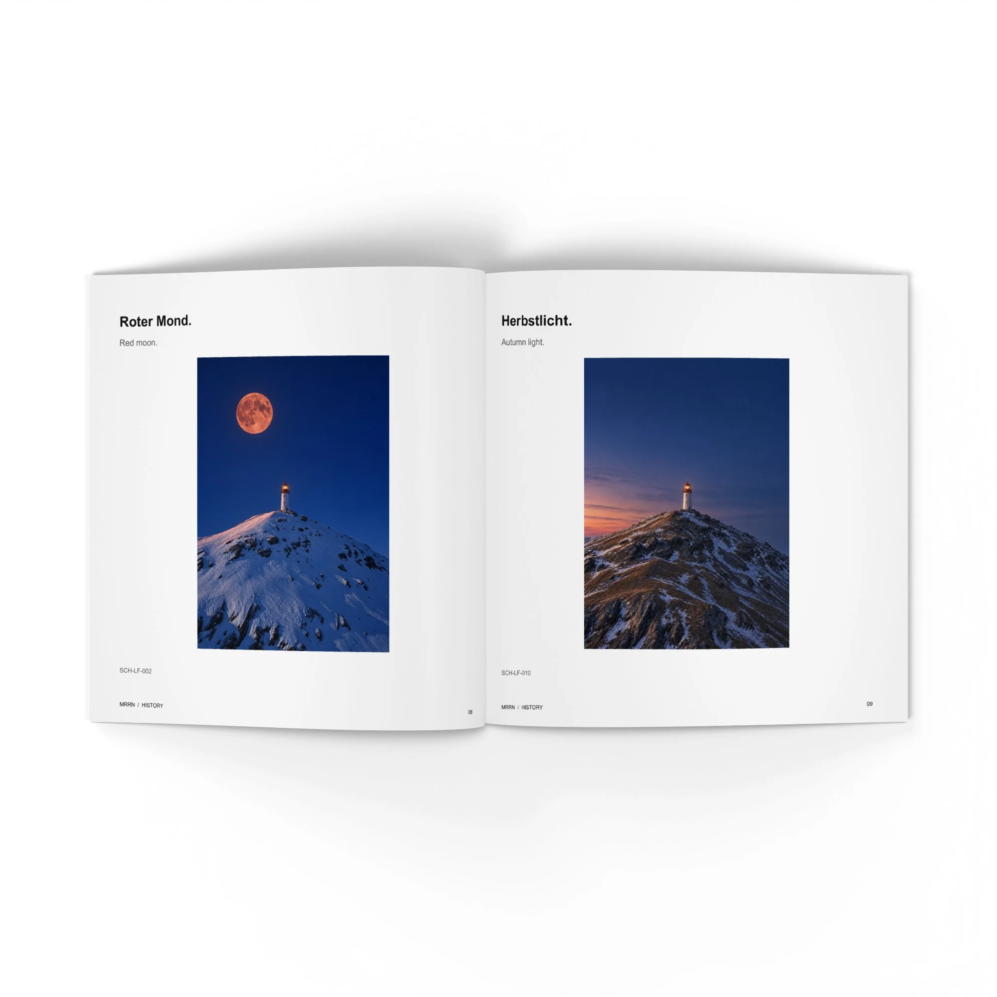 SCHLTHRN. Roter Mond und Herbstlicht, Seiten 8 und 9. / Red Moon and Autumn Light, pages 8 and 9.