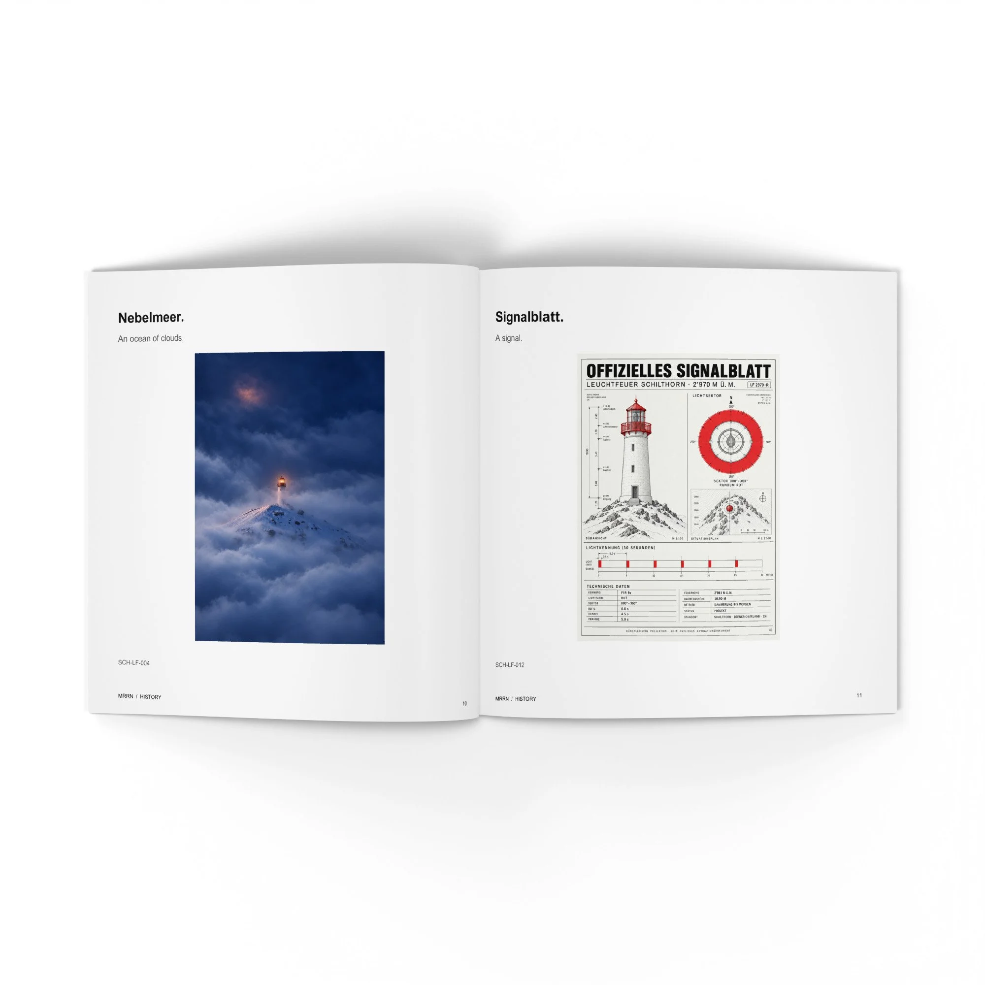 SCHLTHRN. Nebelmeer und Signalblatt, Seiten 10 und 11. / An Ocean of Clouds and A Signal, pages 10 and 11.