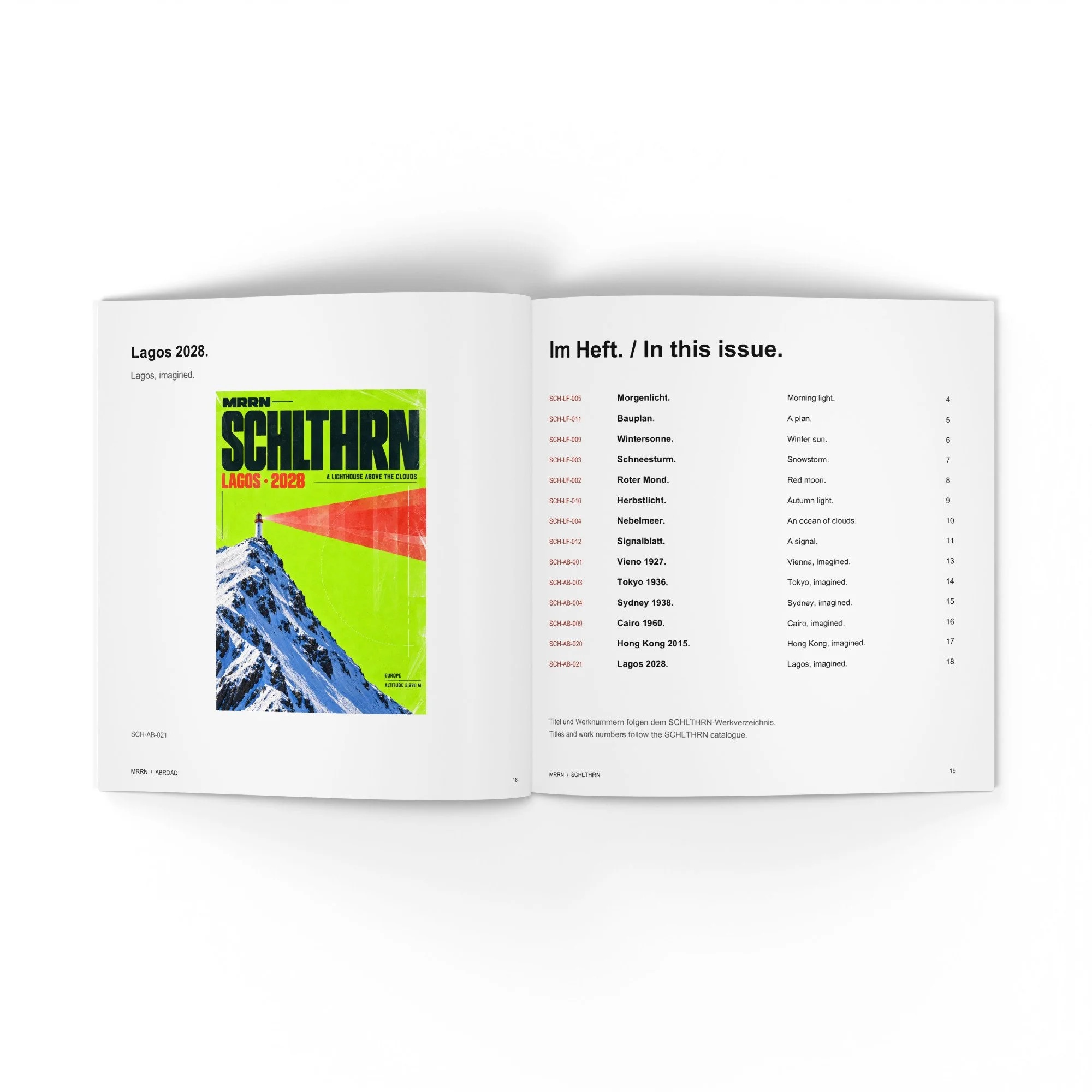 SCHLTHRN Abroad. Lagos 2028 und Werkregister, Seiten 18 und 19. / Lagos 2028 and index of works, pages 18 and 19.