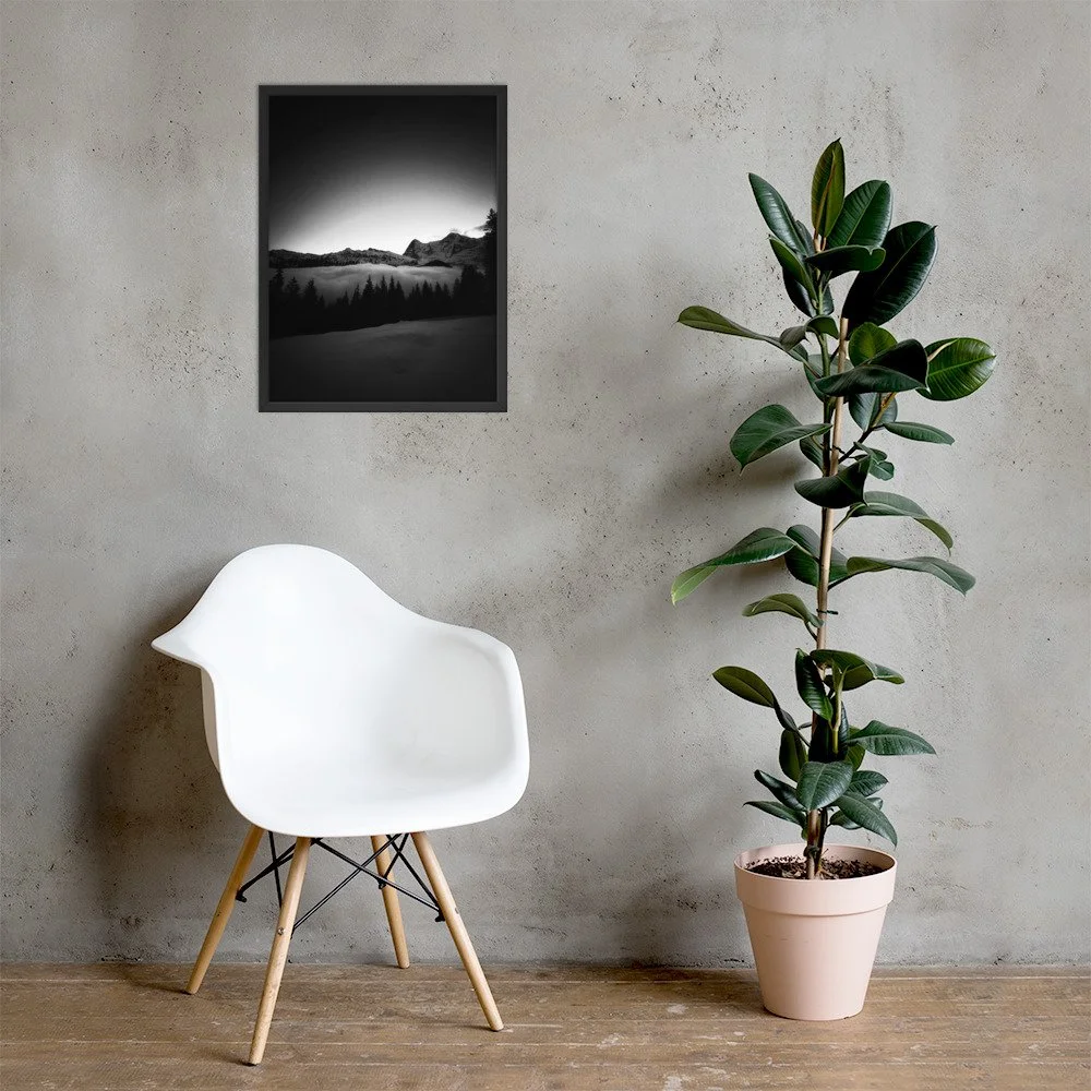 Dunkle Raender im schwarzen Rahmen mit Stuhl und Pflanze. Framed black-and-white photograph; room mockup.