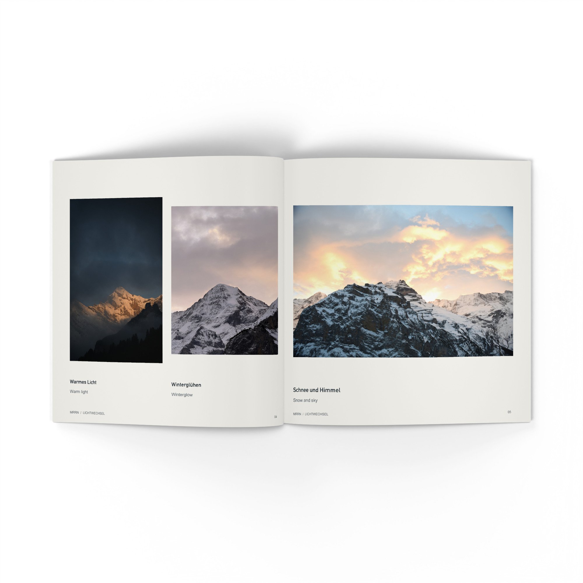 Warmes Licht, Winterglühen, Schnee und Himmel. Drei Bergfotografien. Three mountain photographs in warm and winter light.