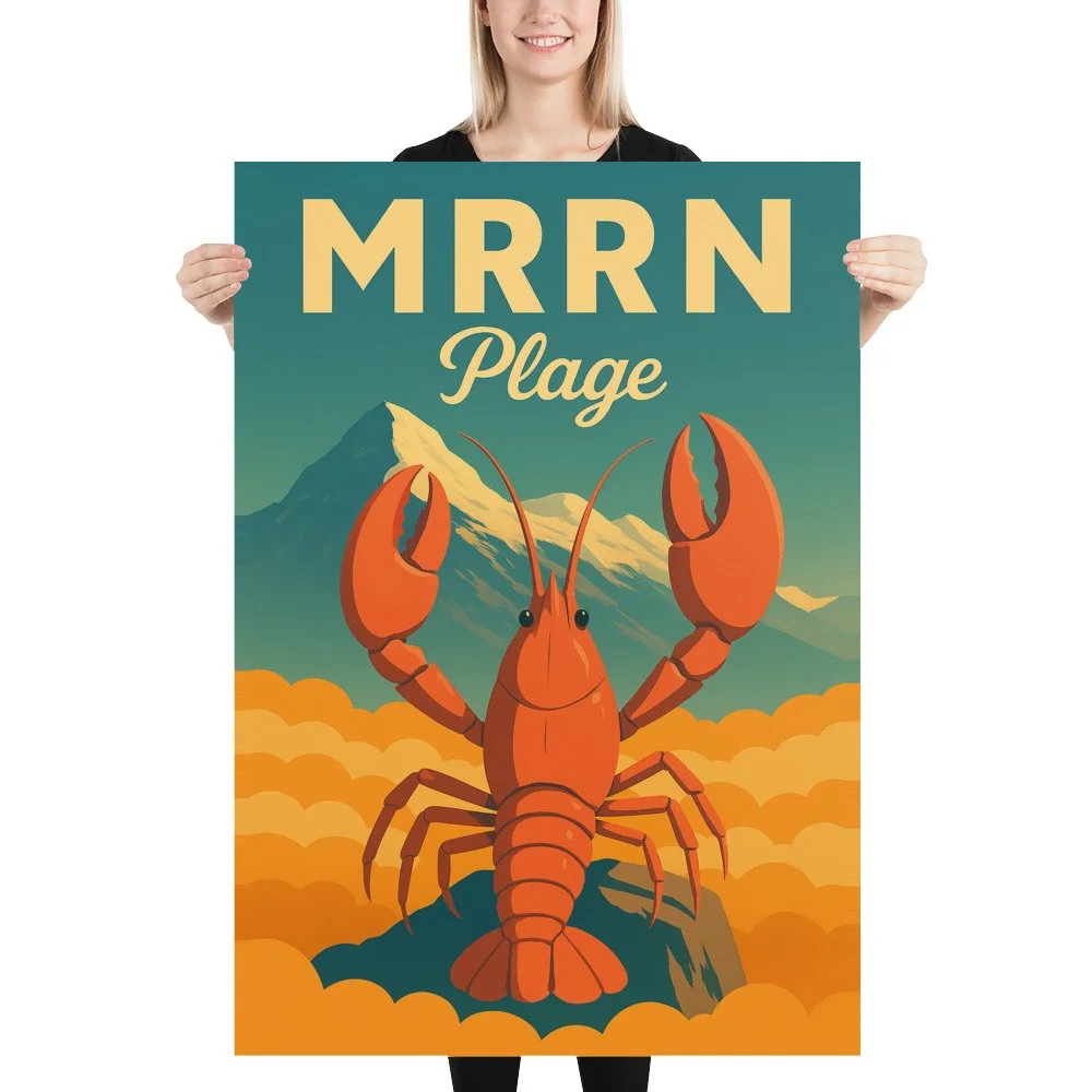 Eine blonde Frau hält das MRRN-Plage-Plakat Hummer von Daniel Frei im Format 70 × 100 cm gerade vor sich.