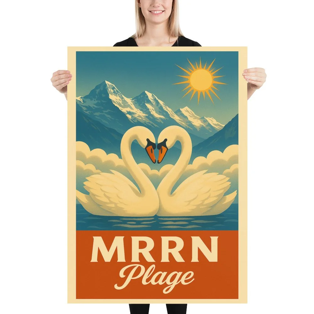 Eine blonde Frau hält das MRRN-Plage-Plakat Schwäne von Daniel Frei im Format 70 × 100 cm gerade vor sich.