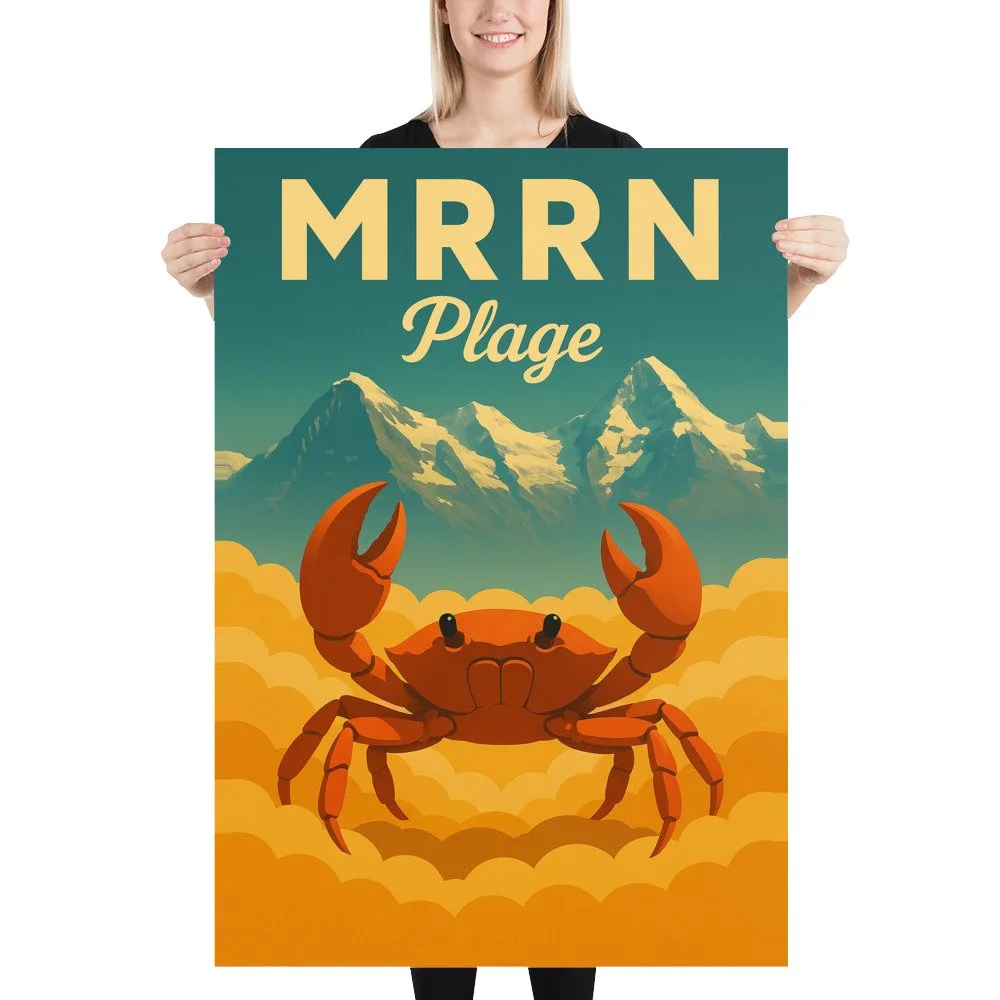 Eine blonde Frau hält das MRRN-Plage-Plakat Krabbe von Daniel Frei im Format 70 × 100 cm gerade vor sich.