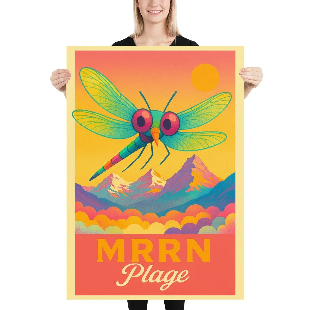 Eine blonde Frau hält das MRRN-Plage-Plakat Libelle von Daniel Frei im Format 70 × 100 cm gerade vor sich.