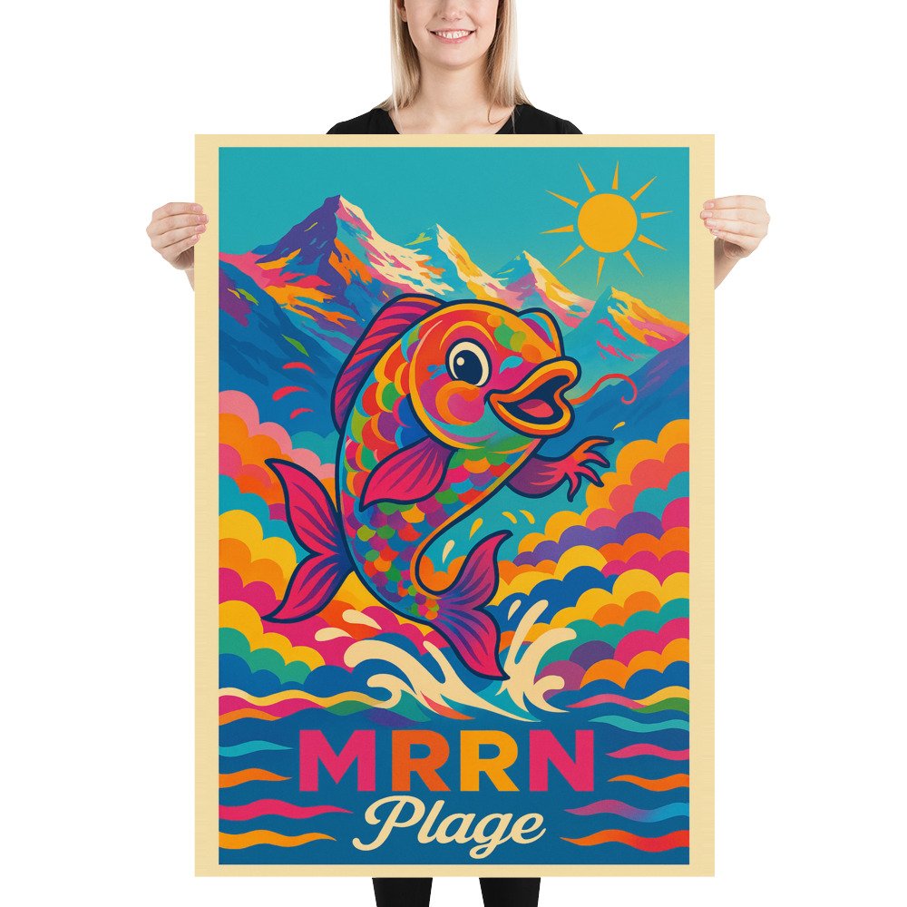 Eine blonde Frau hält das MRRN-Plage-Plakat Koi von Daniel Frei im Format 70 × 100 cm gerade vor sich.